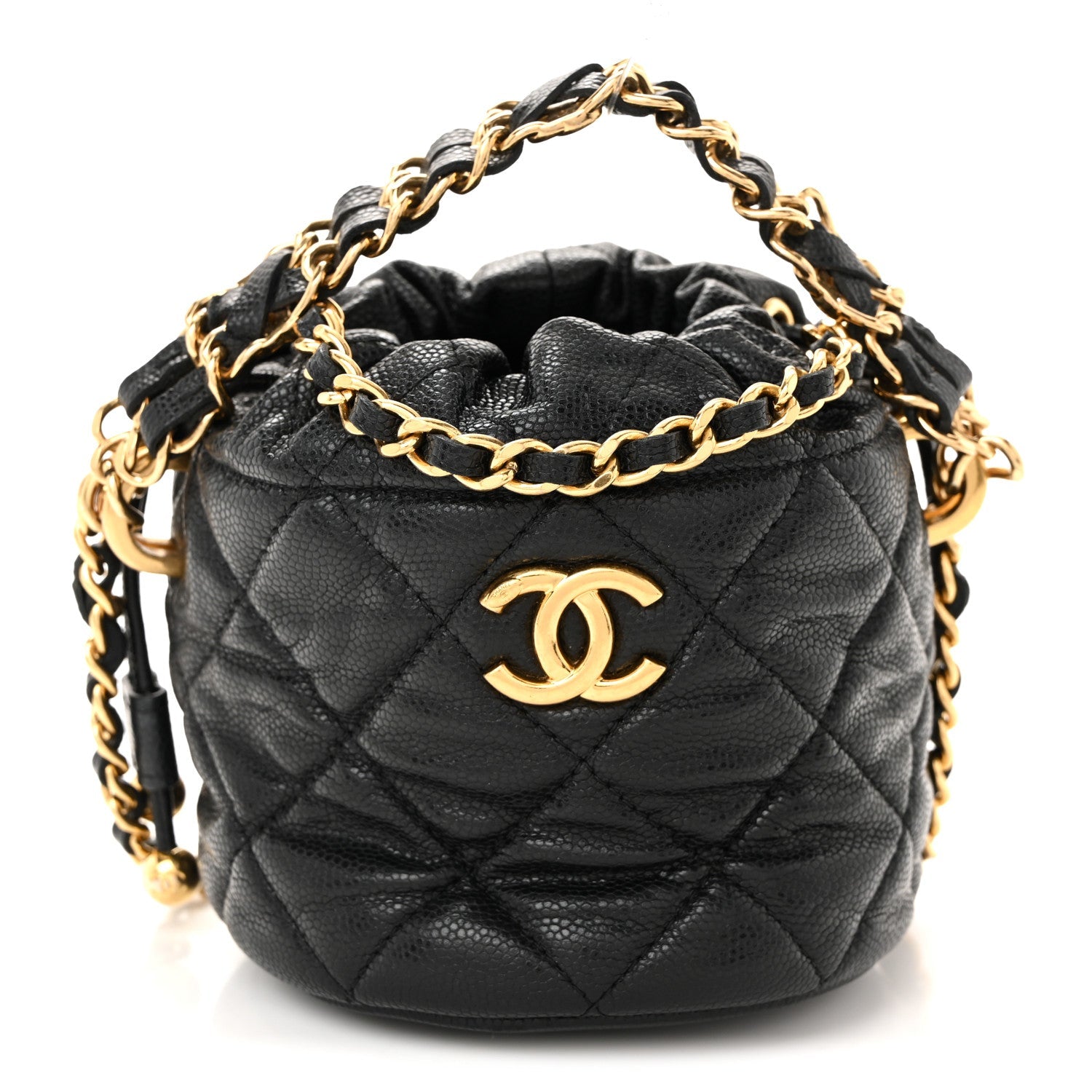Chanel Caviar Quilted Coco First Bucket Clutch With Chain Black