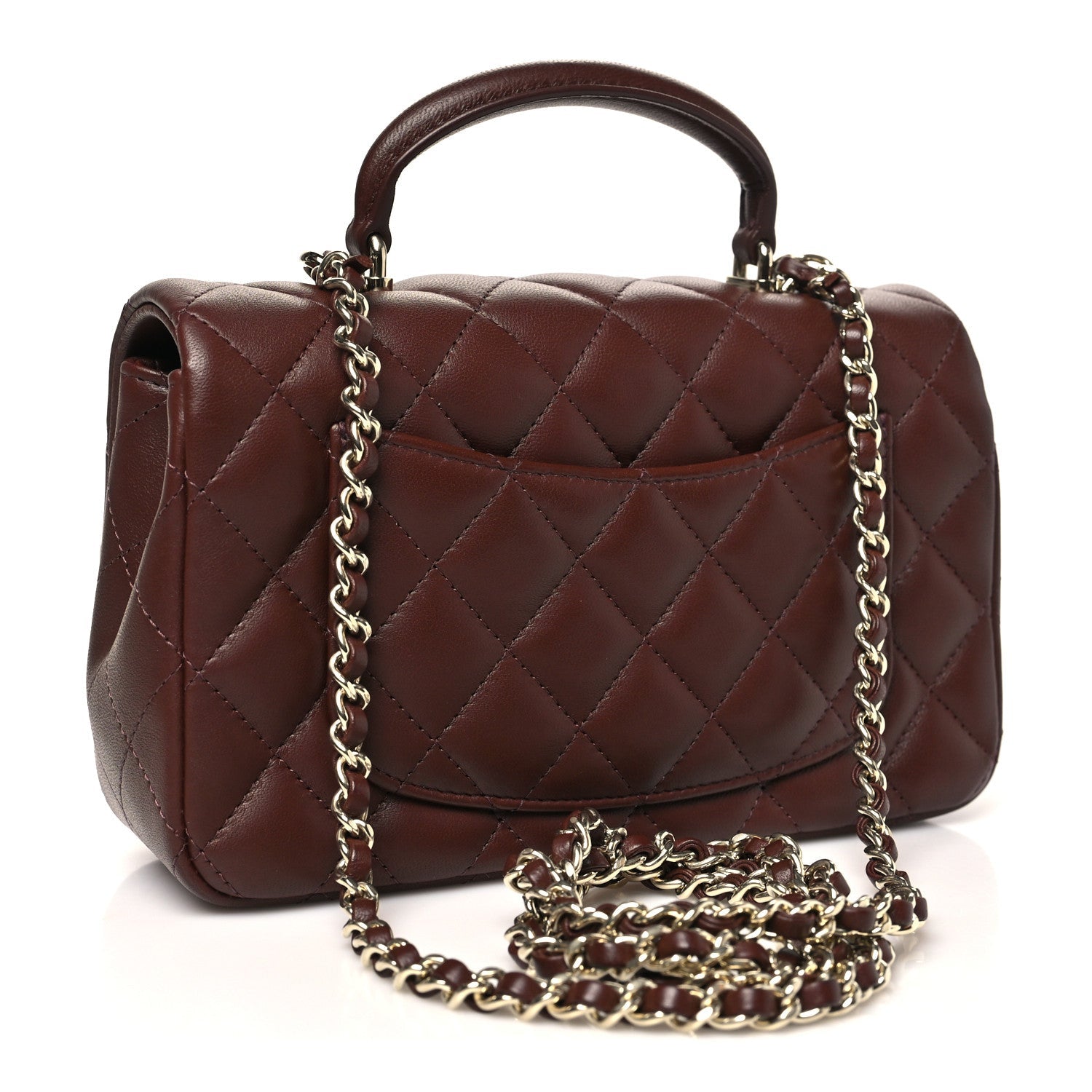 Chanel Lambskin Quilted Mini Top Handle Rectangular Flap Dark Brown