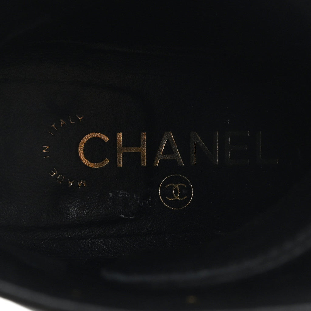 Chanel Shiny Calfskin Quilted Lace Up Combat Boots 38.5 Black