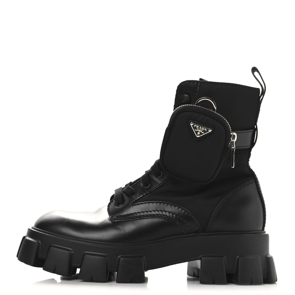 Prada Spazzolato Rois Re-Nylon Metal Triangle Logo Monolith Pouch Pocket 55mm Boots 38 Black