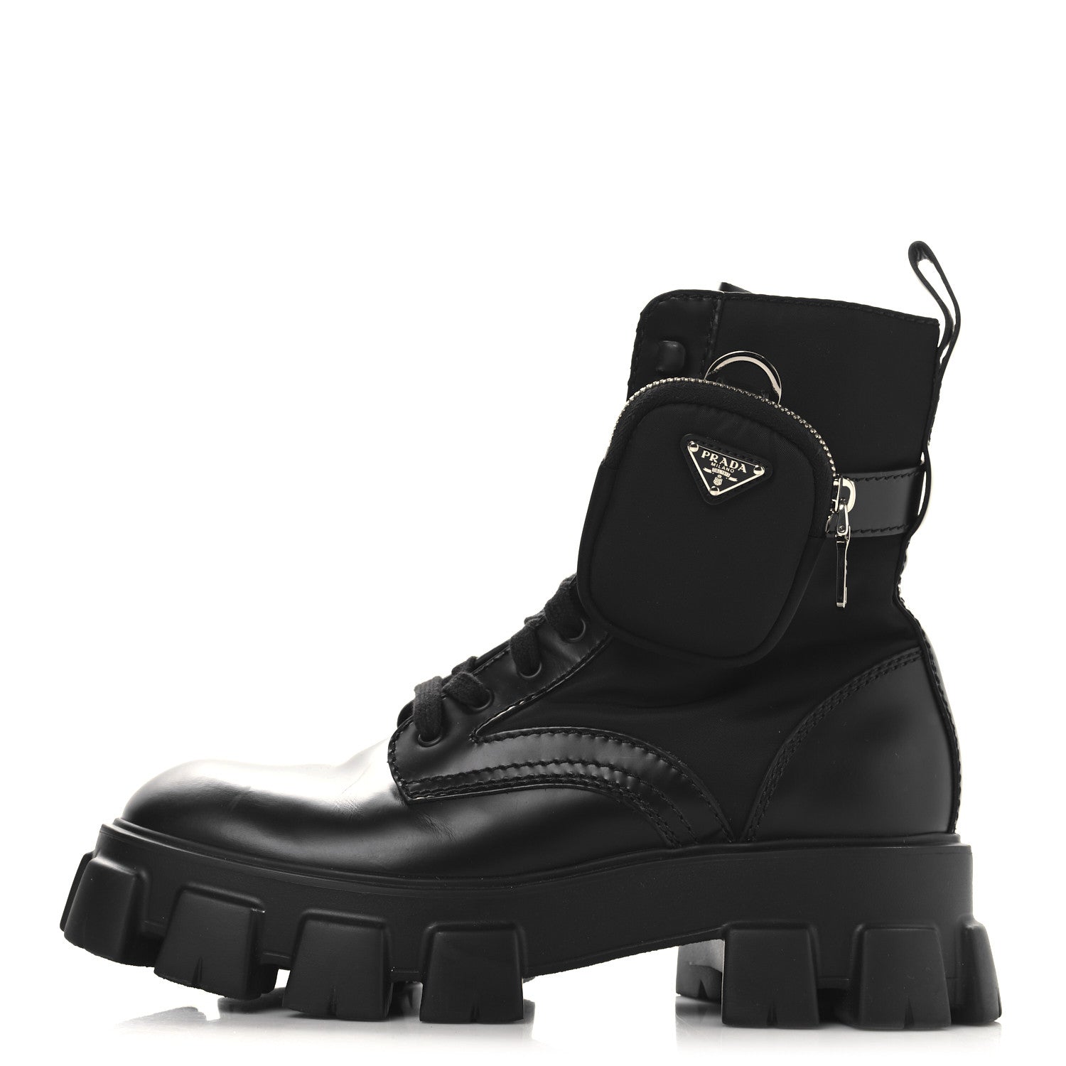 Prada Spazzolato Rois Re-Nylon Metal Triangle Logo Monolith Pouch Pocket 55mm Boots 38 Black