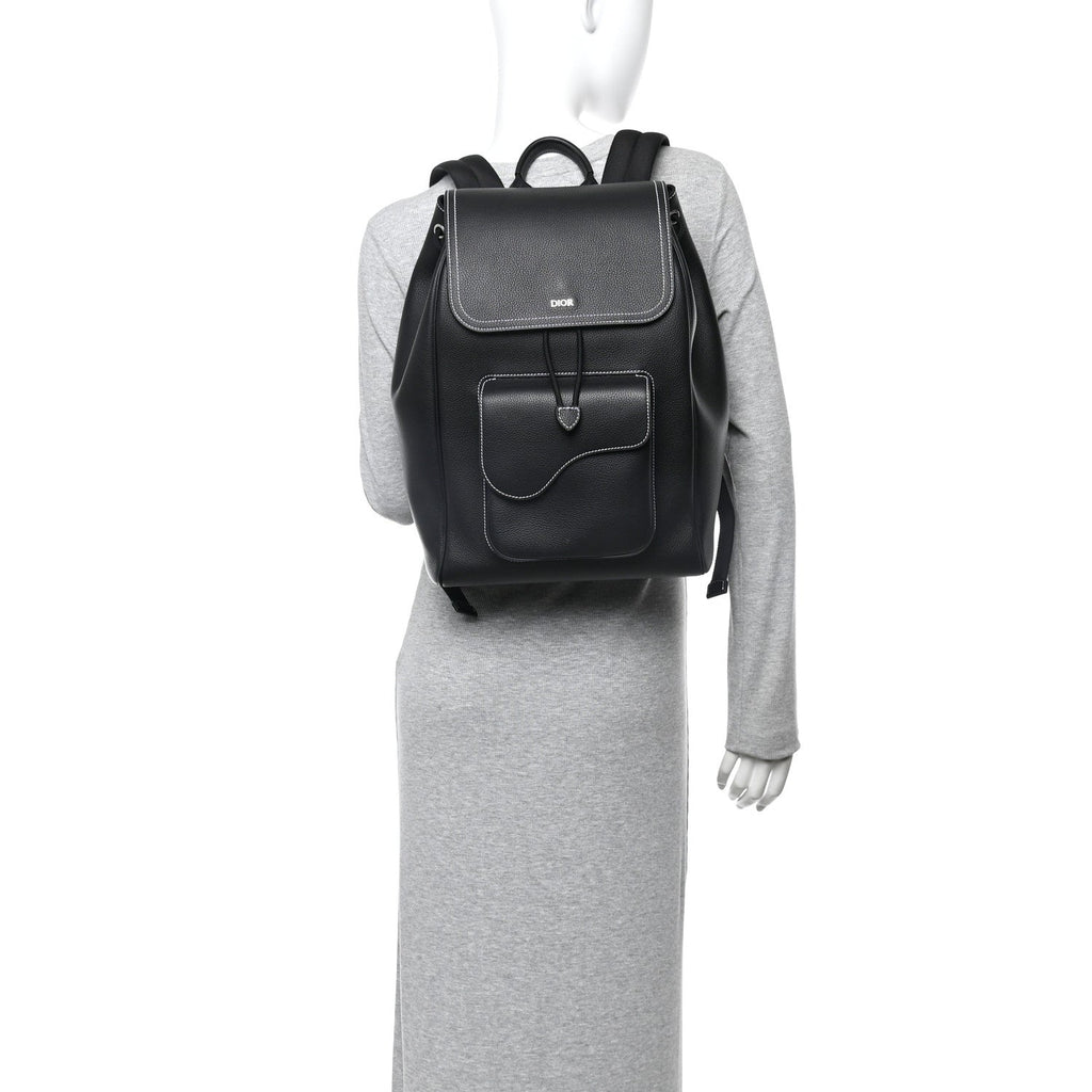 Christian Dior Grained Calfskin Saddle Drawstring Backpack Black
