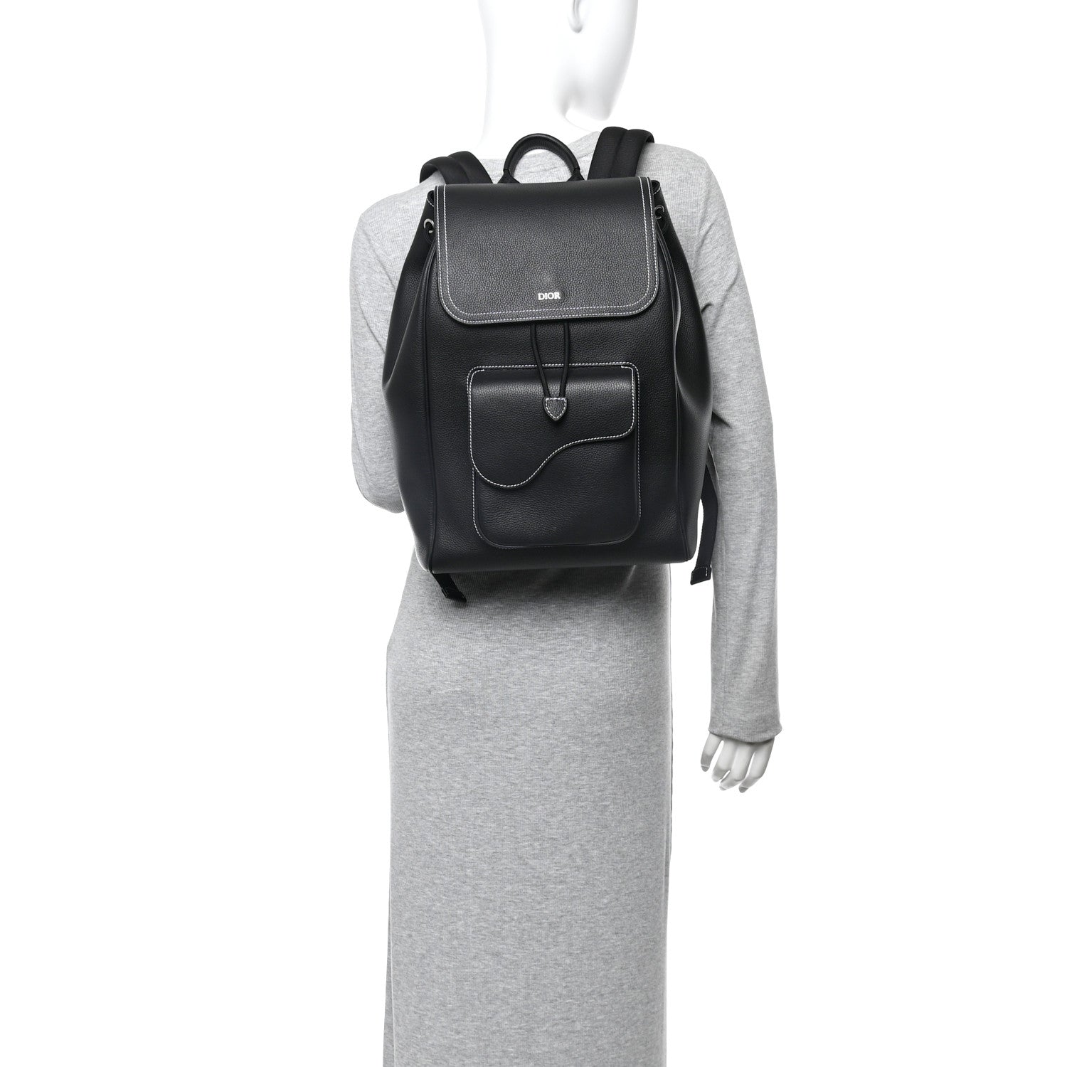 Christian Dior Grained Calfskin Saddle Drawstring Backpack Black