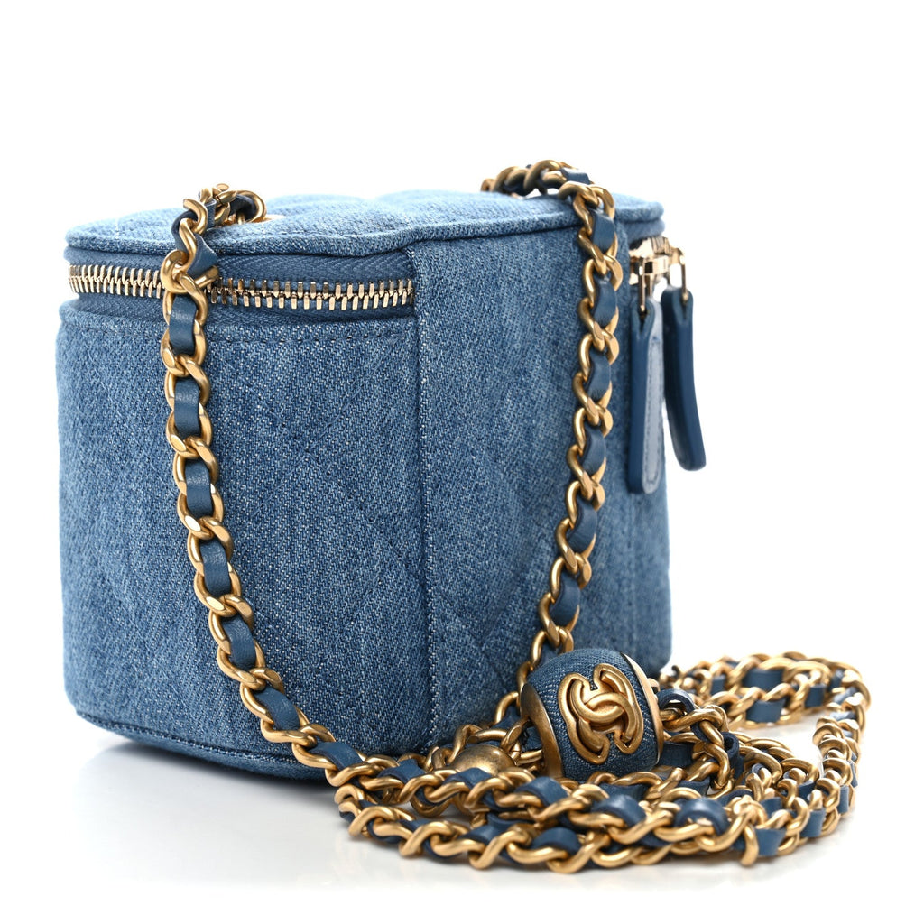 Chanel Denim Quilted Mini Pearl Crush Vanity Case With Chain