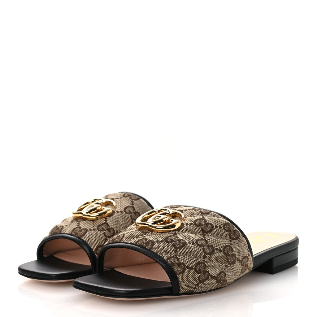 Gucci Monogram Matelasse Diagonal GG Marmont Flat Slide Sandals 35 Beige Ebony Black