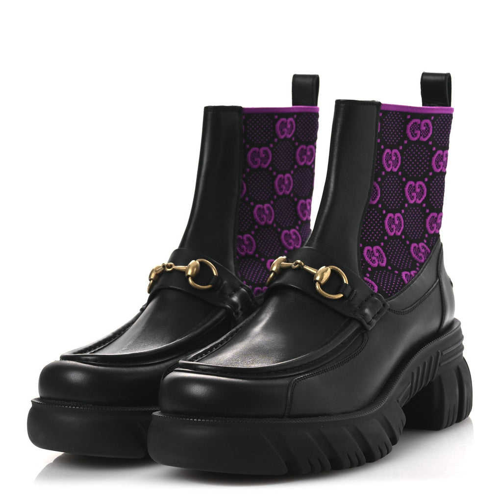 Gucci Quebec Calfskin Technical Jersey Knit GG Monogram Horsebit Ankle Boots 42 Black Fucsia