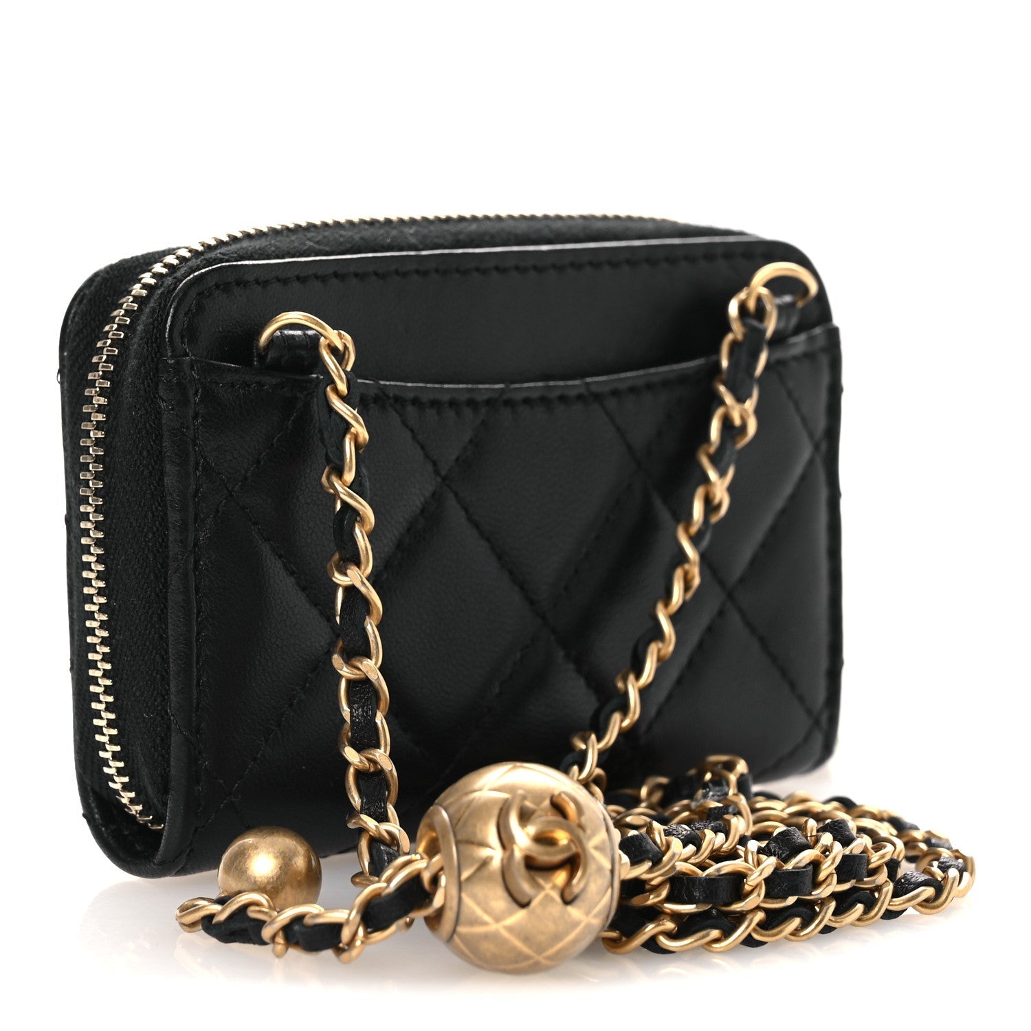 Chanel Lambskin Quilted CC Pearl Crush Zip Card Holder On Chain Black