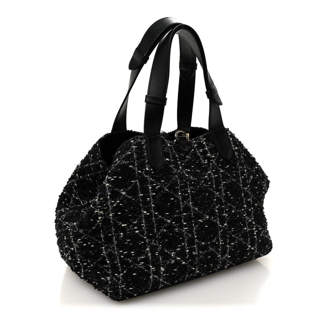 Christian Dior Calfskin Tweed Cannage Medium Toujours Black White