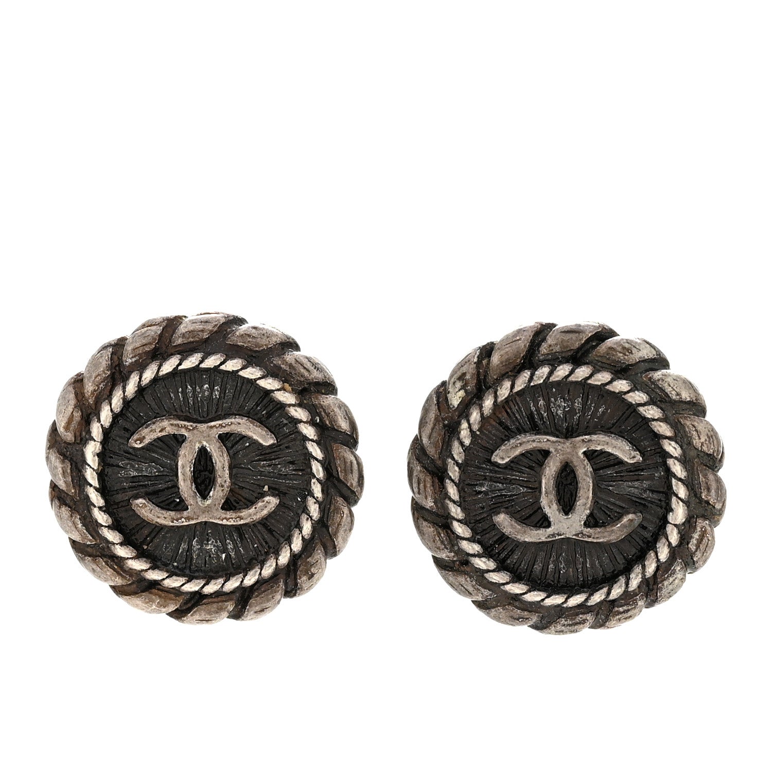 Metal Round CC Stud Earrings Ruthenium