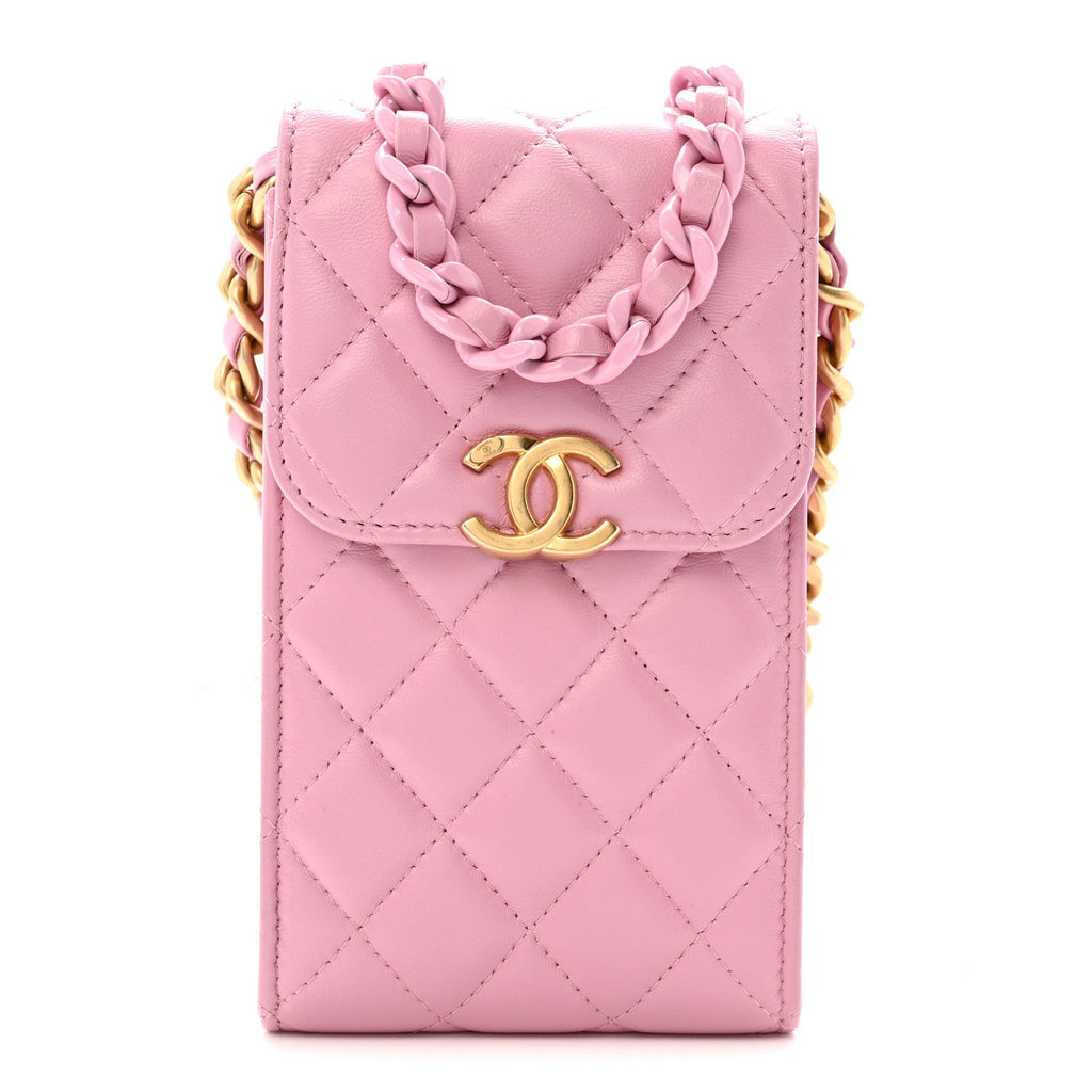 Chanel Lambskin Quilted Lacquered Chain Phone Holder With Chain Dark Pink