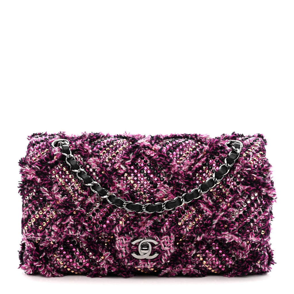 Chanel Crystal Tweed Quilted Medium Double Flap Purple Multicolor