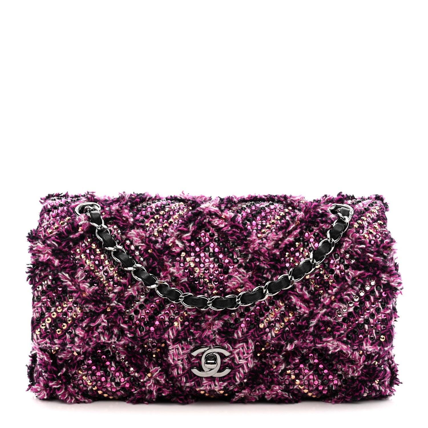 Chanel Crystal Tweed Quilted Medium Double Flap Purple Multicolor