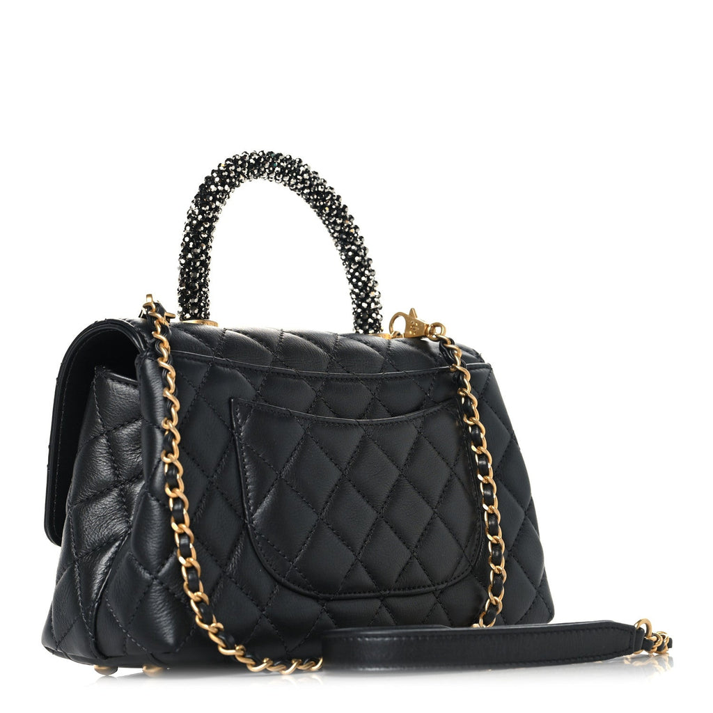 Chanel Calfskin Strass Quilted Mini Coco Handle Flap Dark Silver