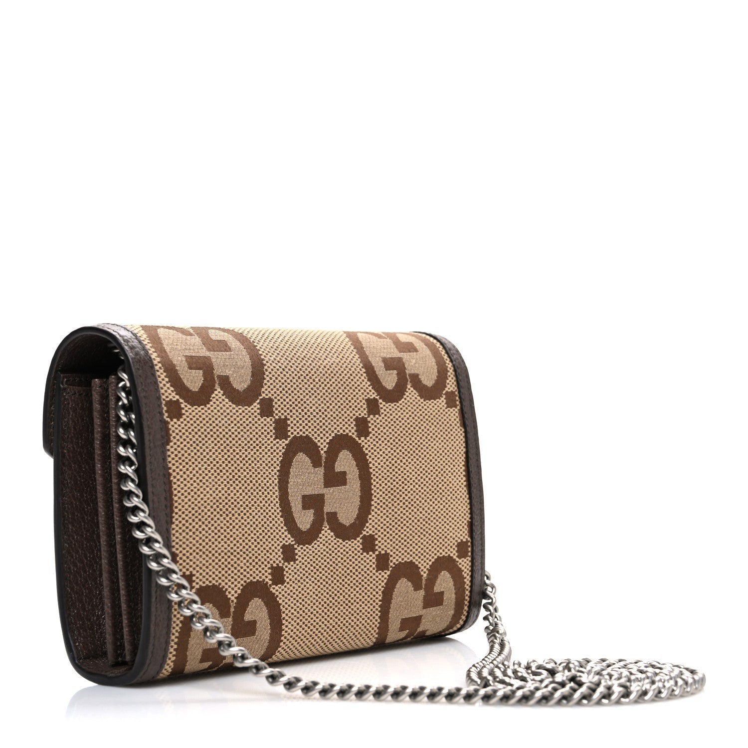 Gucci Monogram Jumbo GG Textured Dollar Calfskin Mini Dionysus Chain Wallet Camel Ebony New Acero
