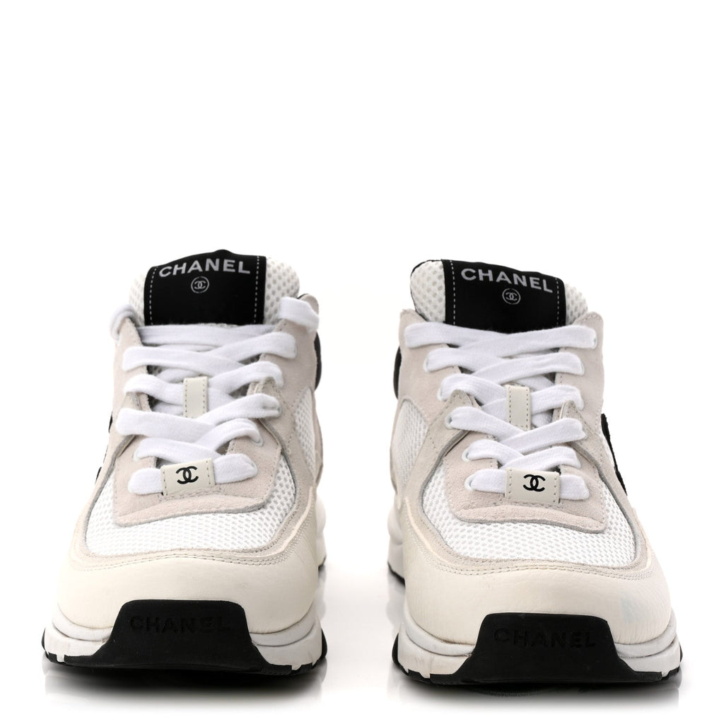 Mesh Suede Calfskin Grained Calfskin Womens CC Sneakers 37.5 White Black