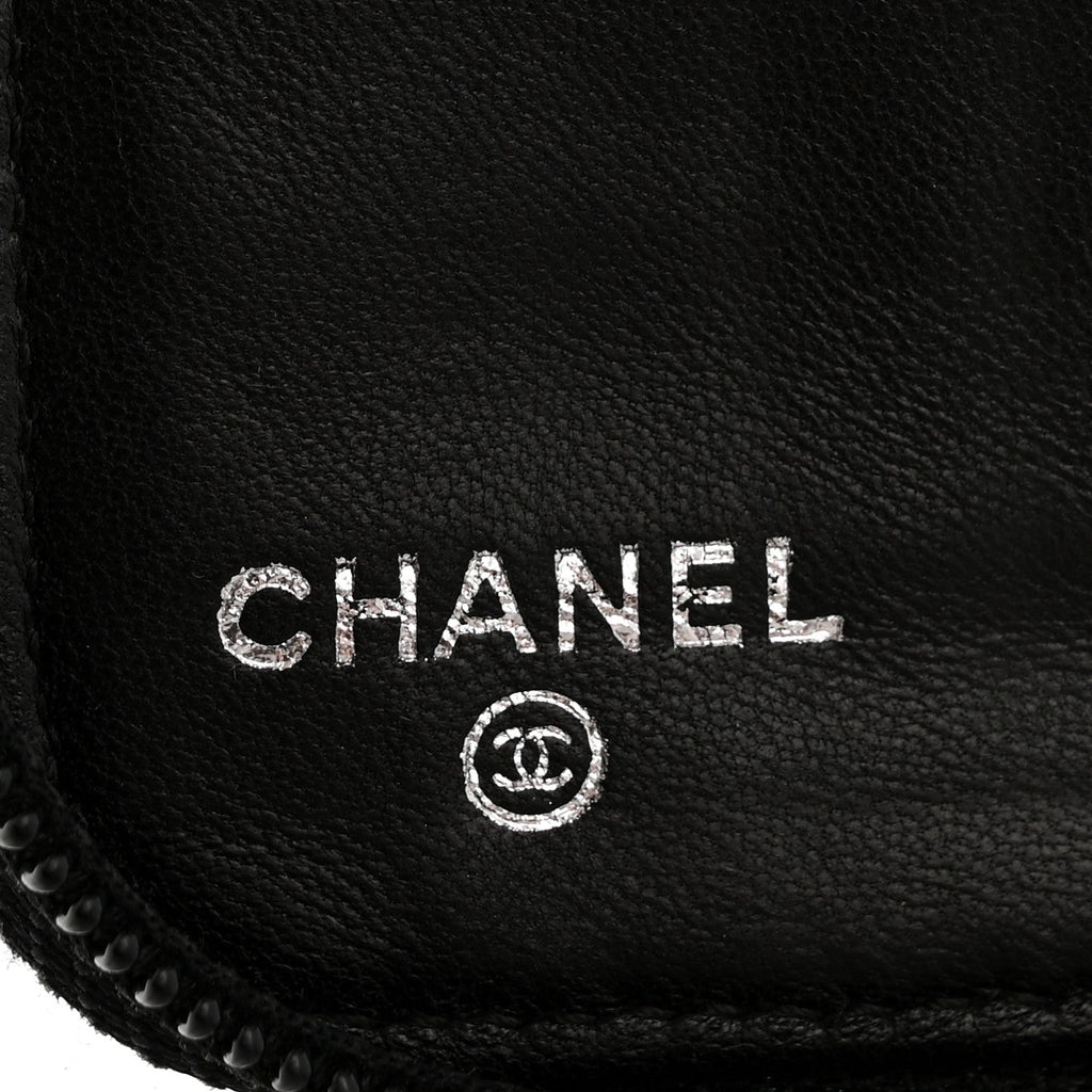 Lambskin Camellia Embossed Zip Around Organizer Wallet Black