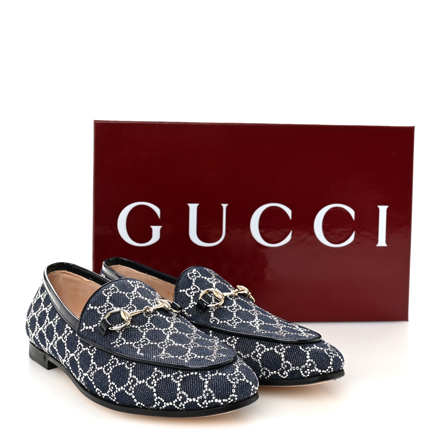 Gucci Denim Crystal GG Monogram Horsebit Womens Jordaan Loafers 36.5 Deep Blue Blue Milad