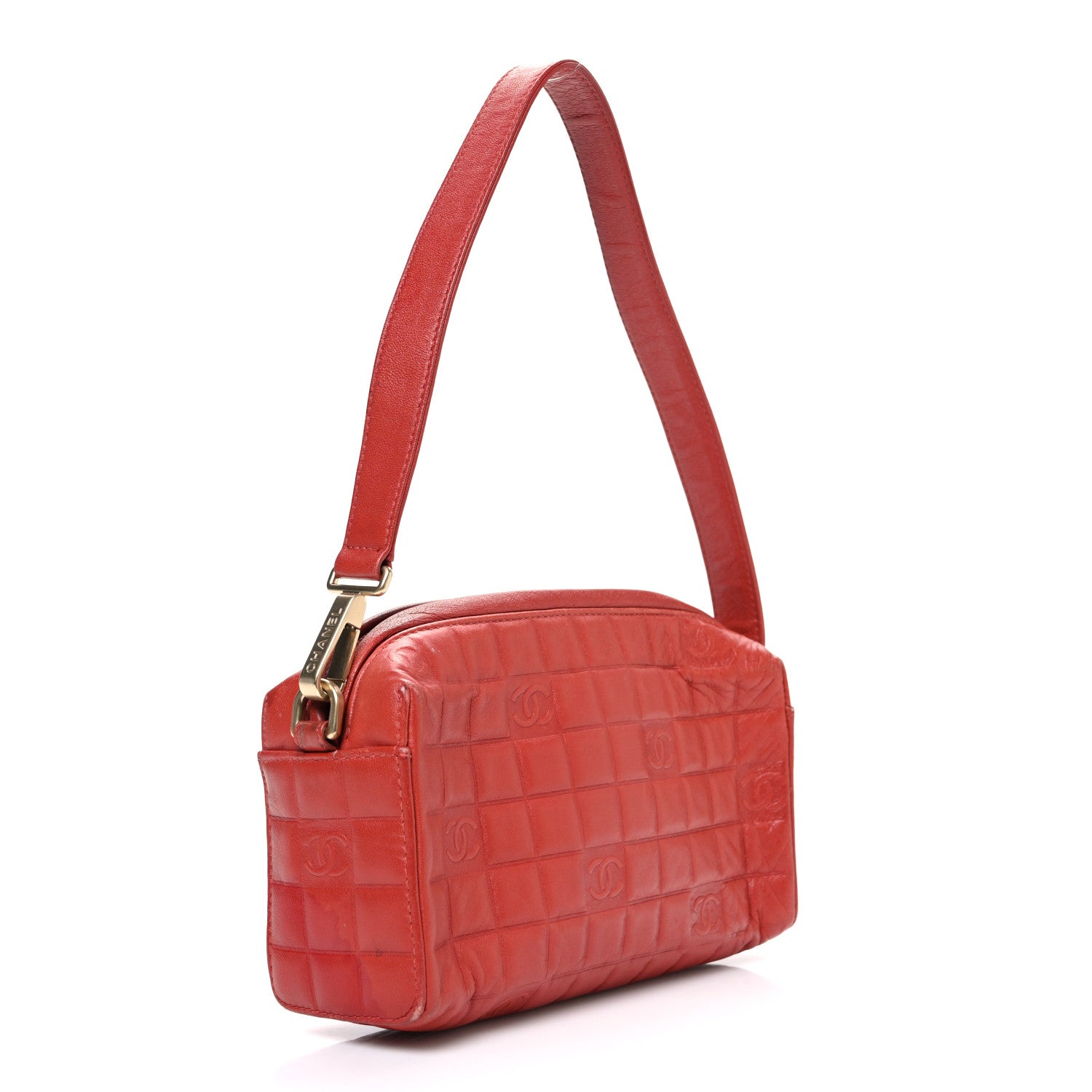 Chanel Lambskin Embossed CC Chocolate Bar Shoulder Bag Red