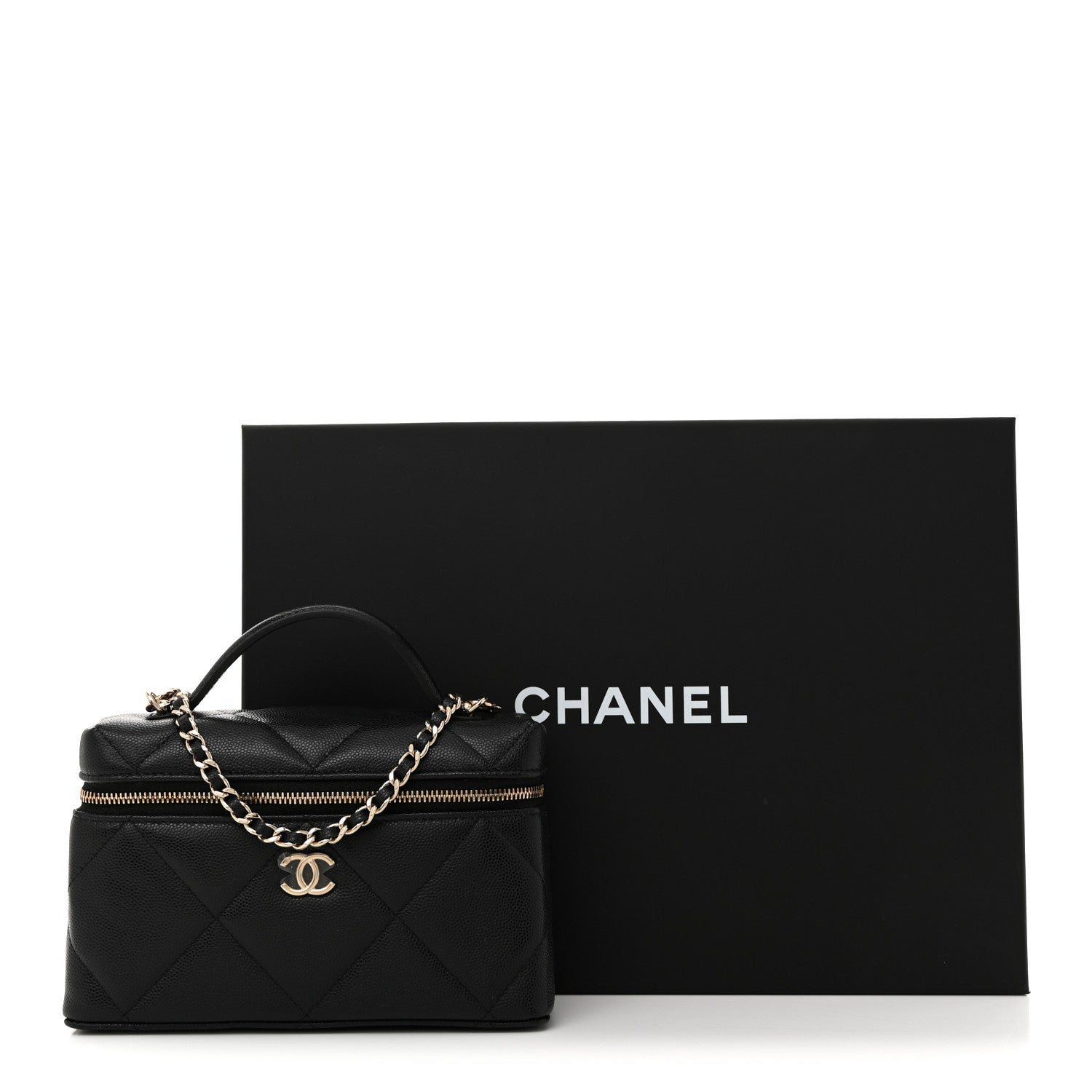 Chanel Caviar Quilted Top Handle Slim Vanity With Chain Black