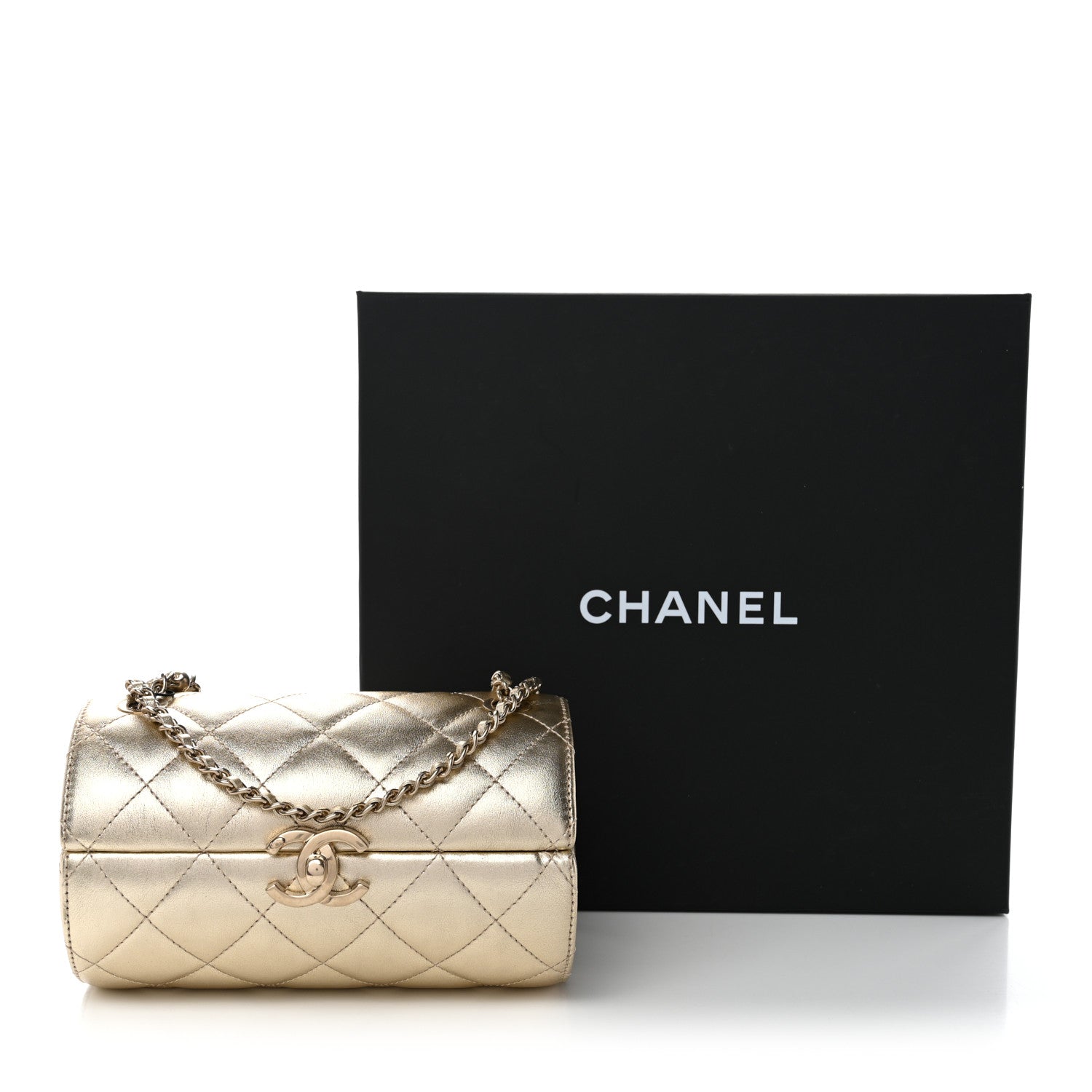 Chanel Metallic Lambskin Quilted Barrel Crossbody Bag Gold