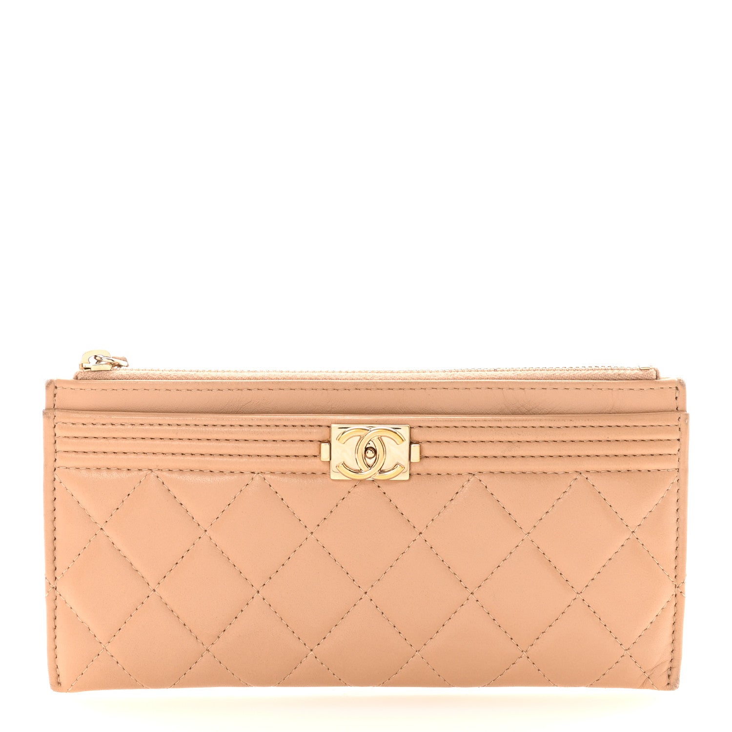 Lambskin Quilted Classic Zip Boy Pouch Beige
