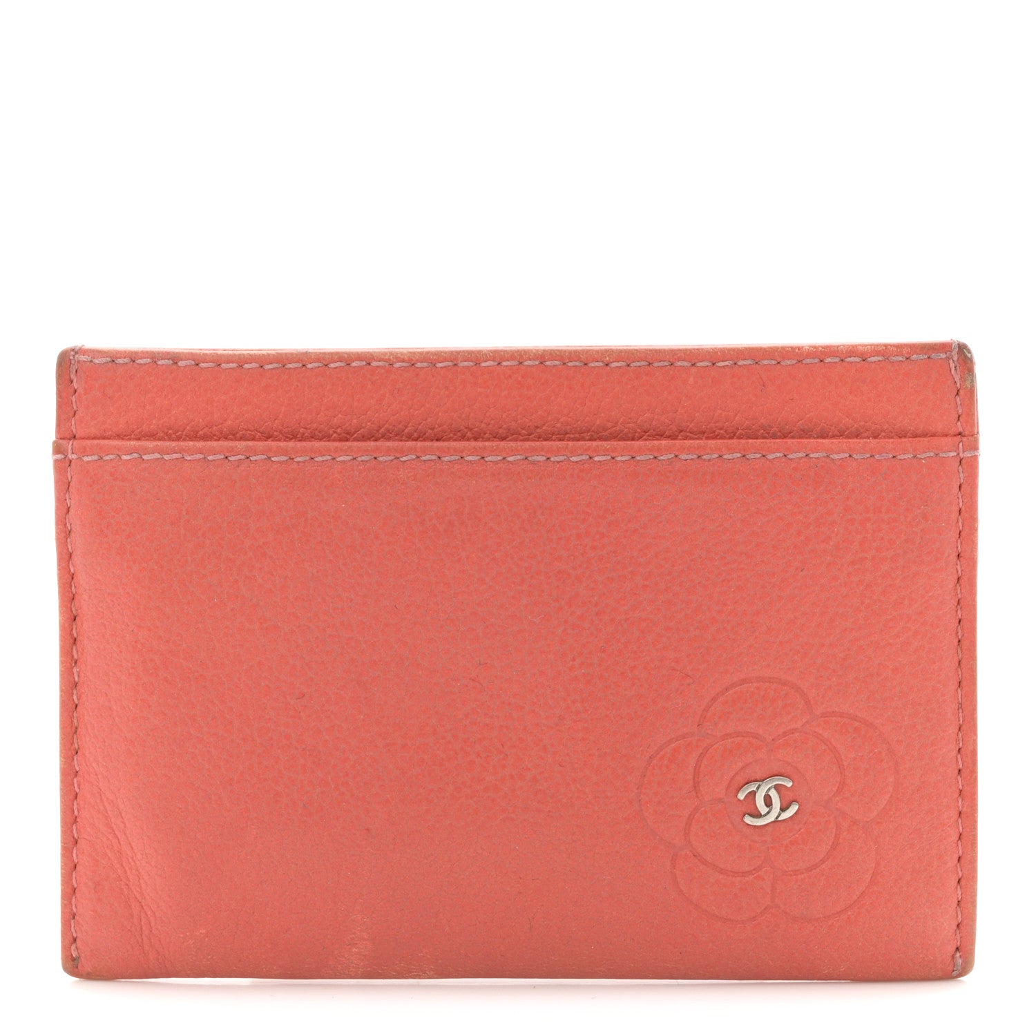 Goatskin Embossed Camellia Card Holder Coral