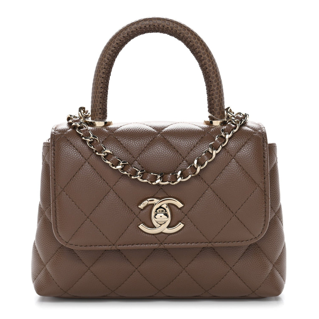 Chanel Caviar Lizard Embossed Quilted Coco Handle Clutch With Chain Brown