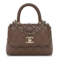 Chanel Caviar Lizard Embossed Quilted Coco Handle Clutch With Chain Brown
