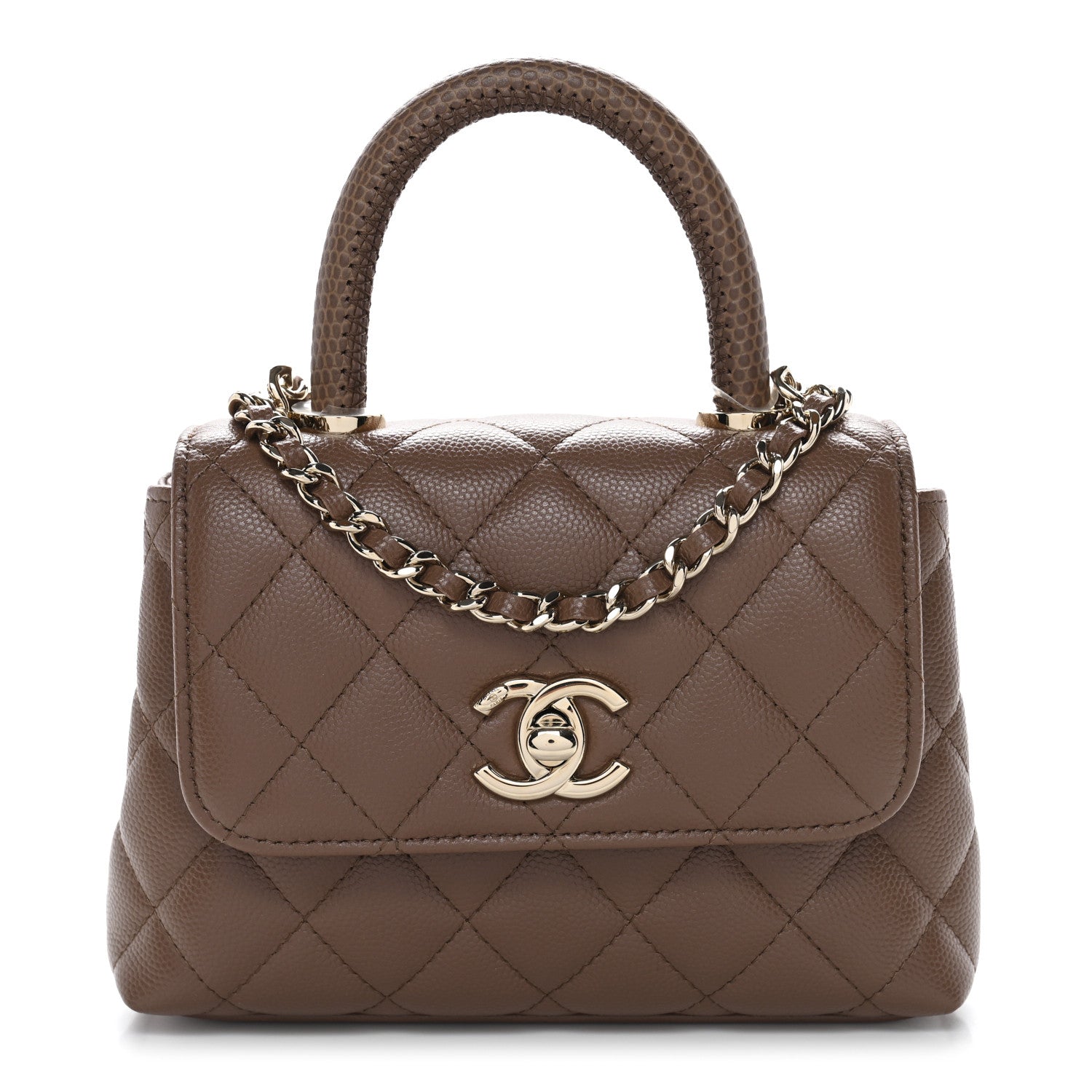 Chanel Caviar Lizard Embossed Quilted Coco Handle Clutch With Chain Brown