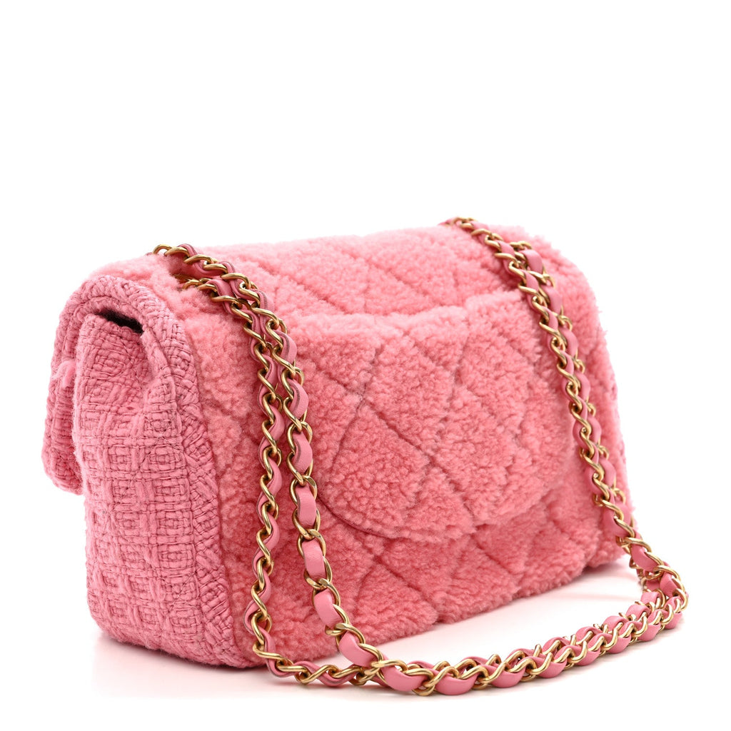 Chanel Shearling Tweed Quilted Medium Flap Bag Light Pink