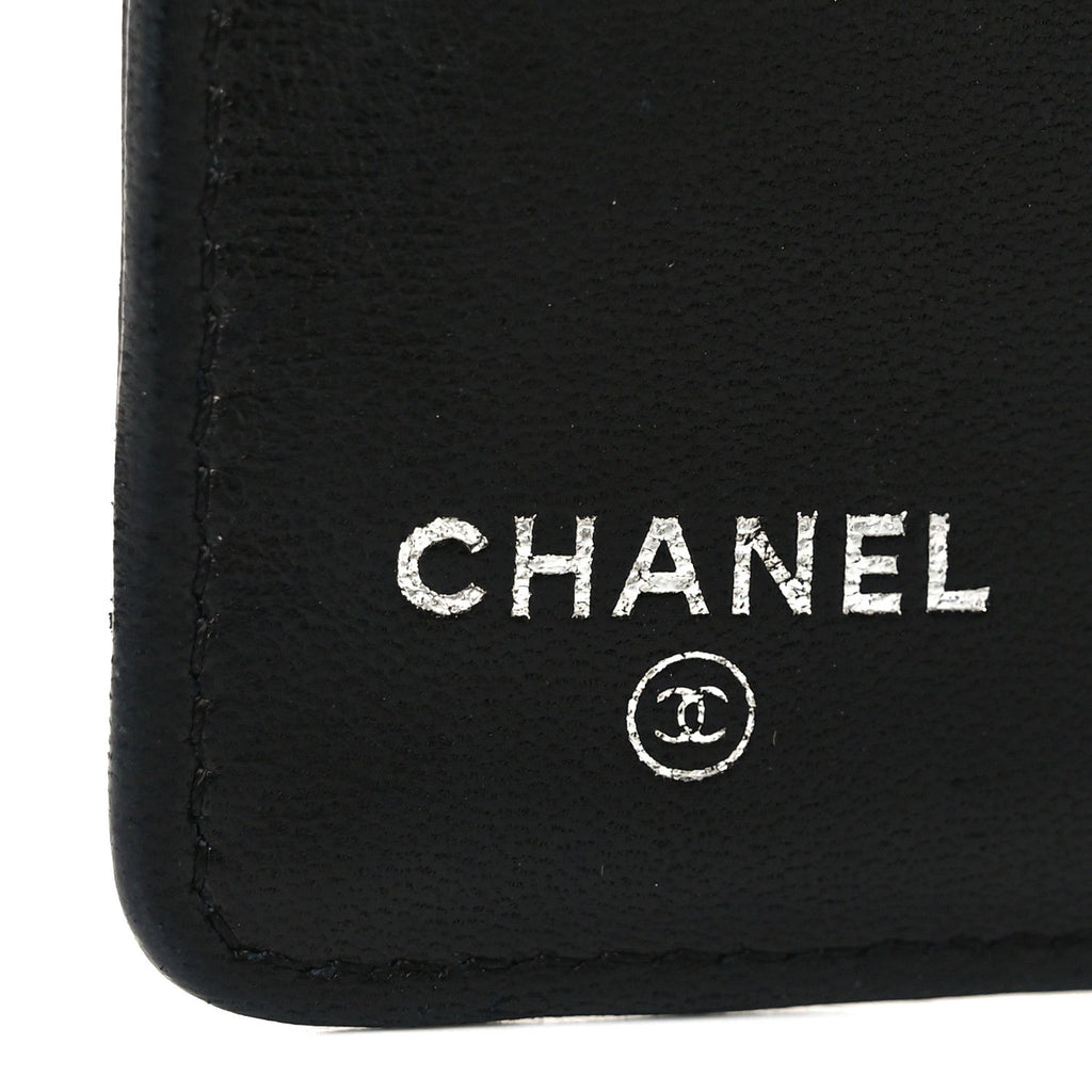 Lambskin Camellia Embossed Yen Wallet Black