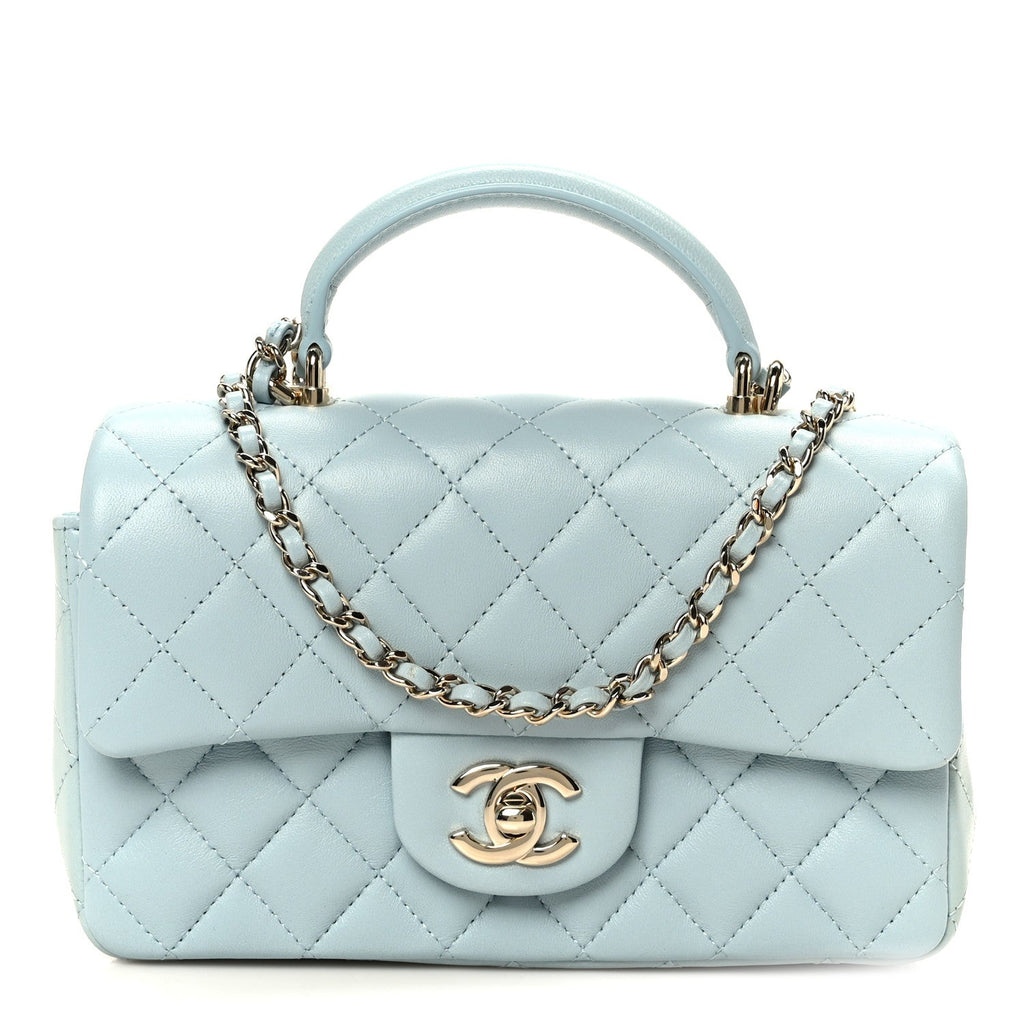Chanel Lambskin Quilted Mini Top Handle Rectangular Flap Light Blue