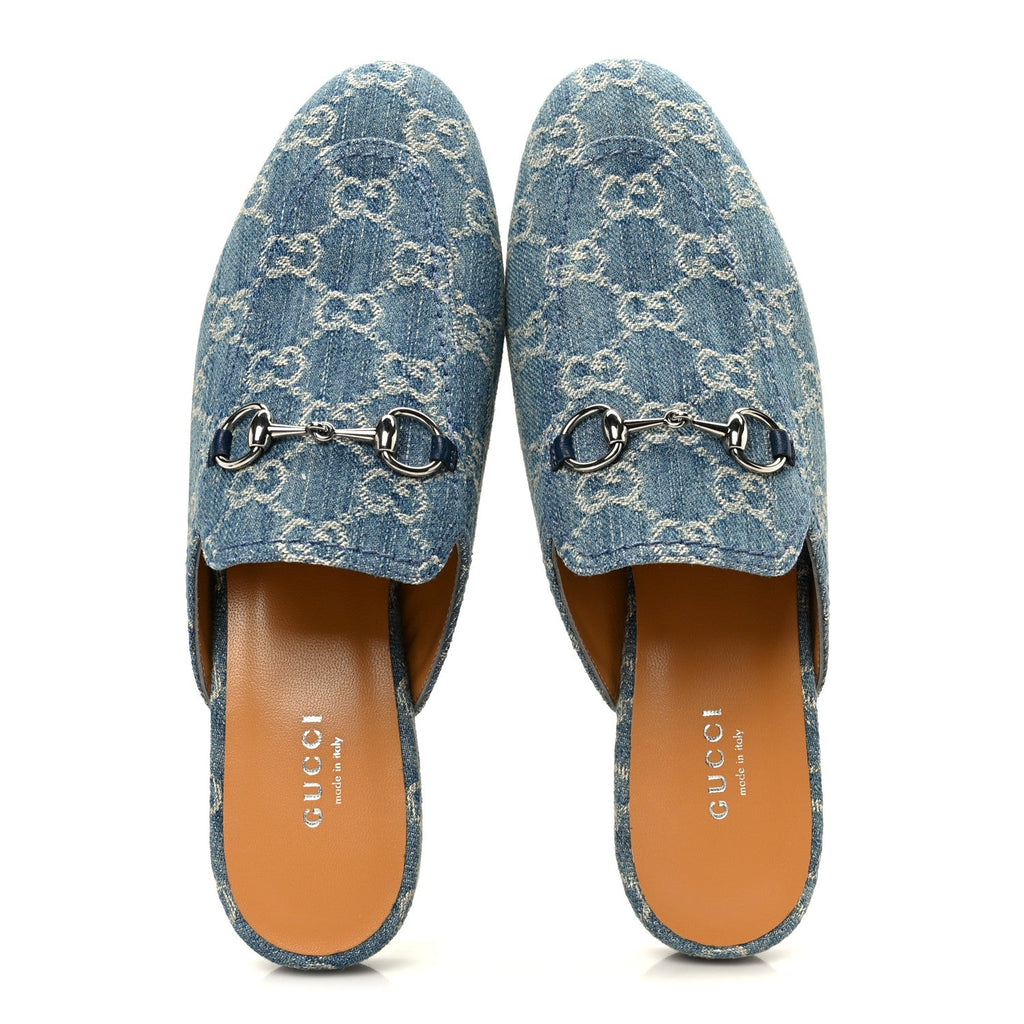 Gucci New Denim GG Malaga Kid Womens Princetown Slippers 37.5 Light Blue Royale