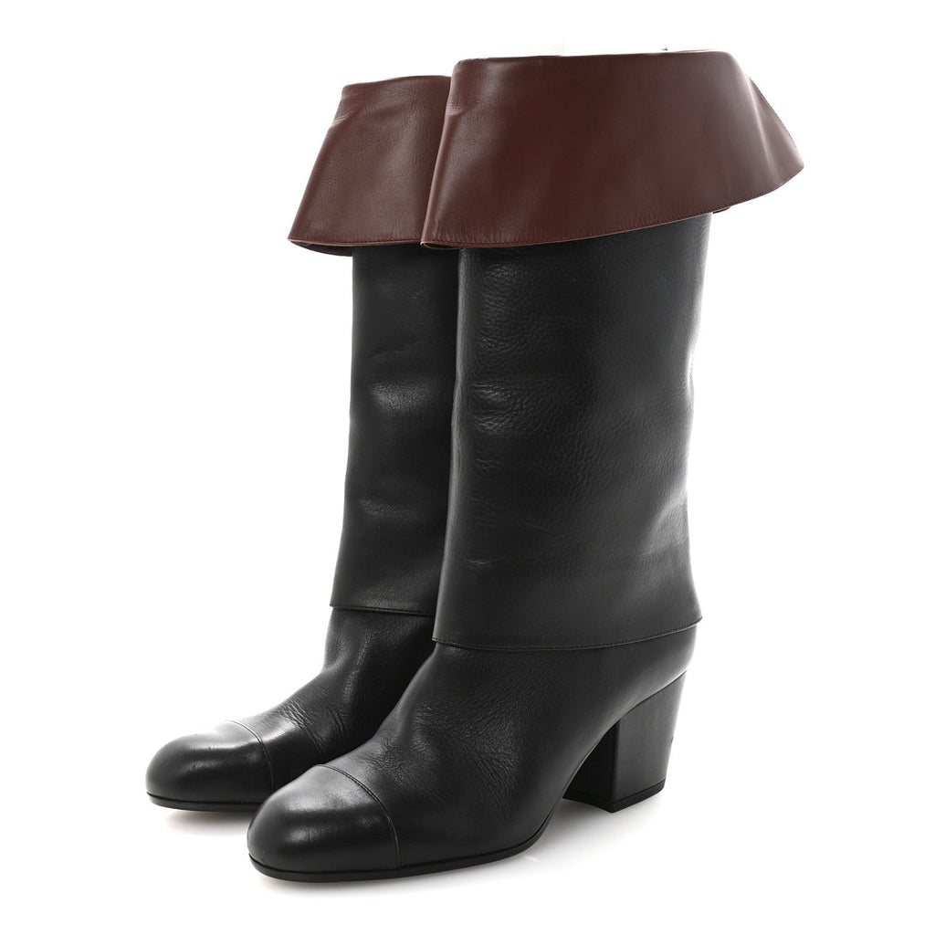 Calfskin CC Fold Over Boots 38 Black Brown