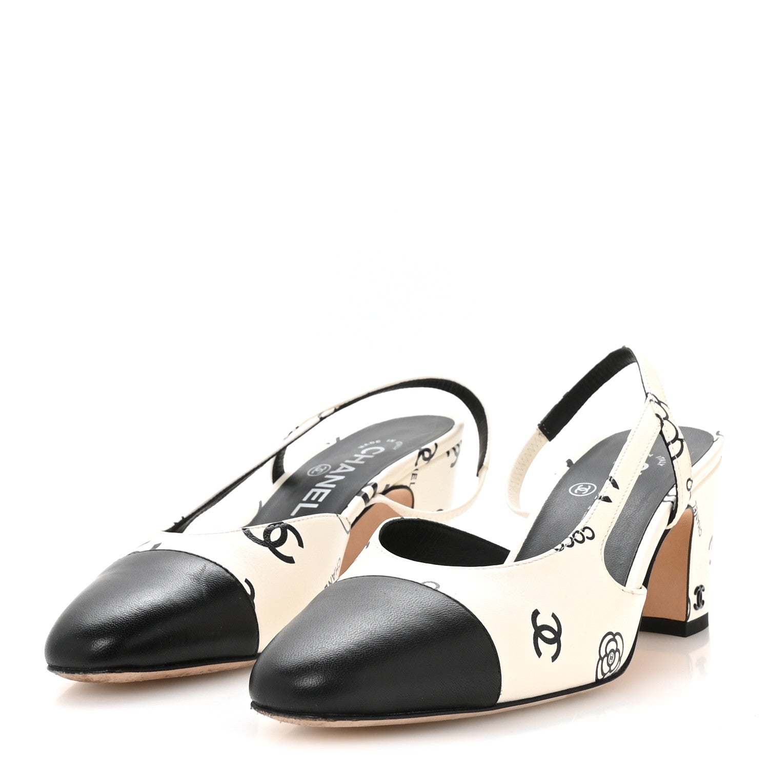 Printed Lambskin Cap Toe CC Slingback Pumps 37.5 Black White