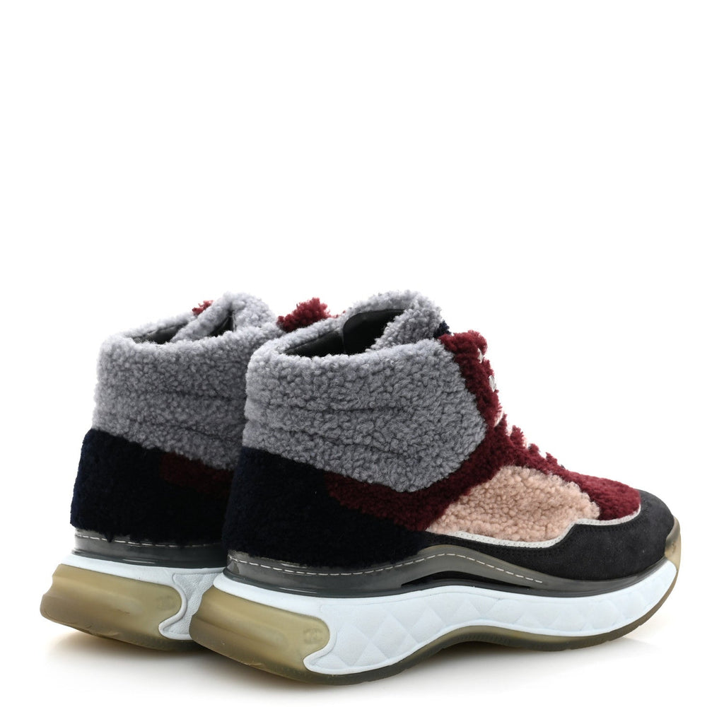 Chanel Shearling Lambskin Suede CC High Top Sneakers 36.5 Grey Pink Burgundy