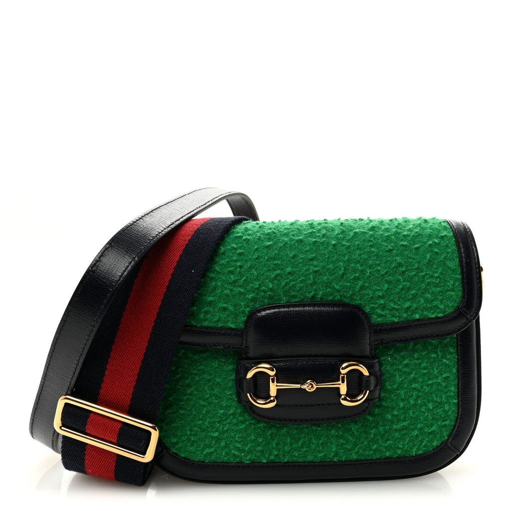 Gucci Casy Wool Azalea Calfskin Mini Horsebit 1955 Shoulder Bag Deep Emerald Blue
