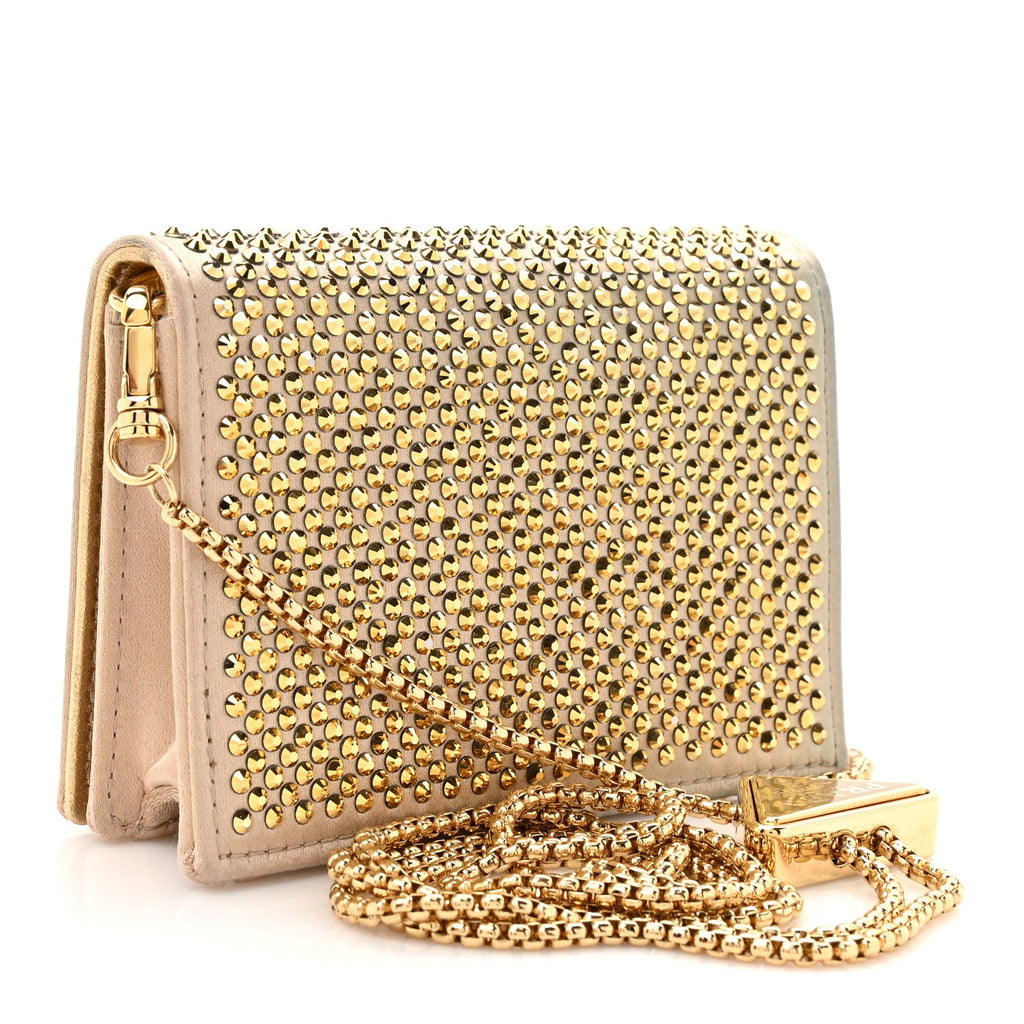 Prada Satin Crystal Metal Triangle Logo Card Holder With Strap Platino