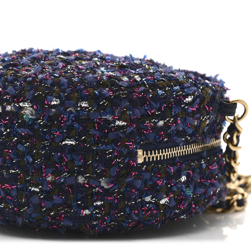 Chanel Tweed Quilted Round Clutch With Chain Multicolor