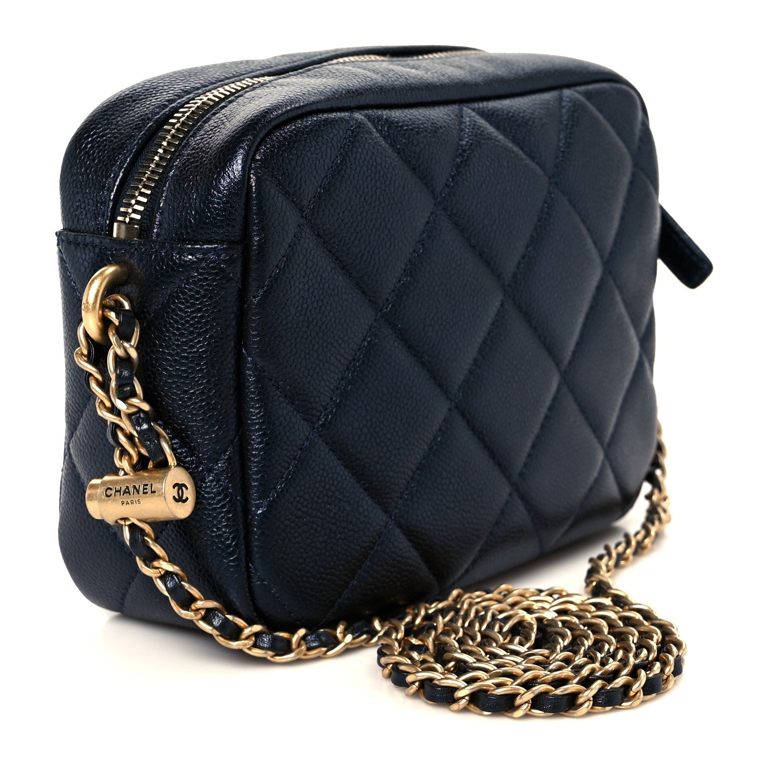 Chanel Shiny Caviar Quilted Chain Melody Camera Bag Dark Blue