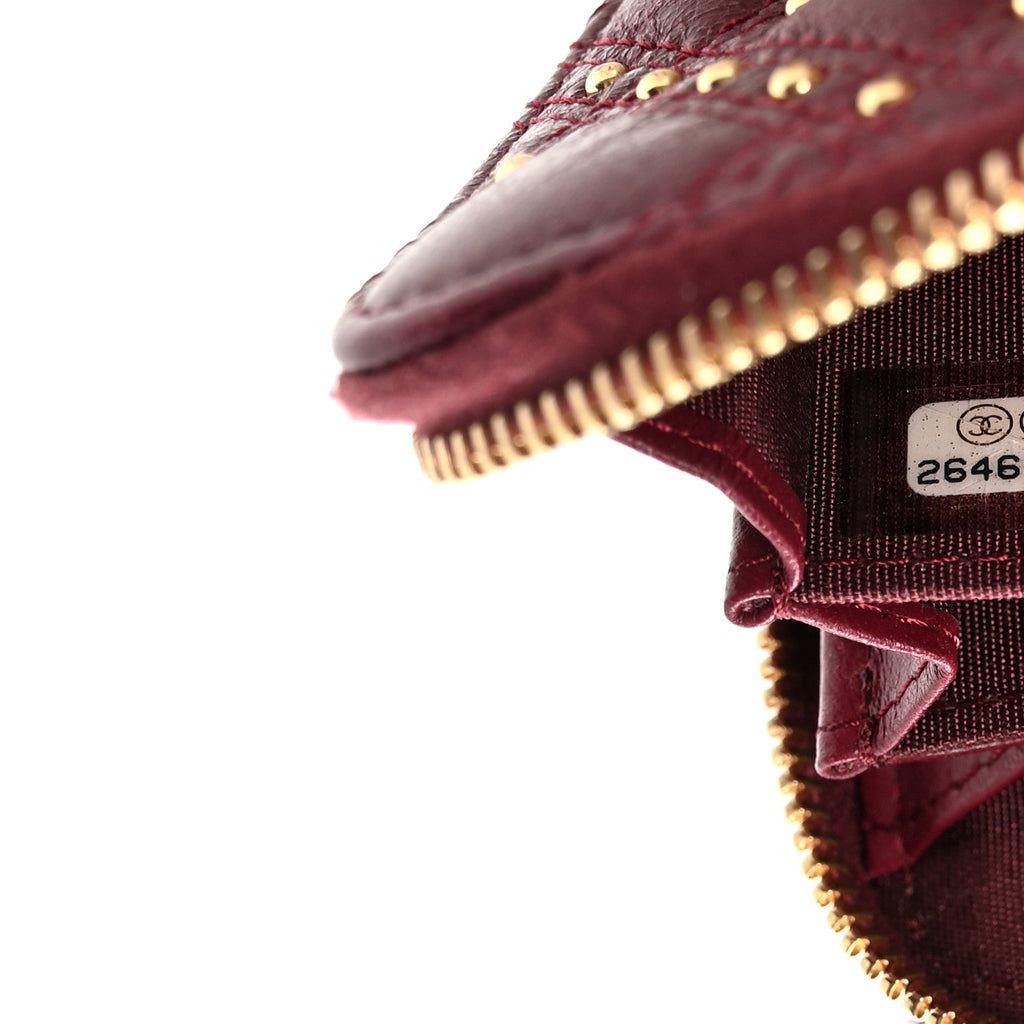 Lambskin Studded Quilted Compact Zip Around Wallet Burgundy