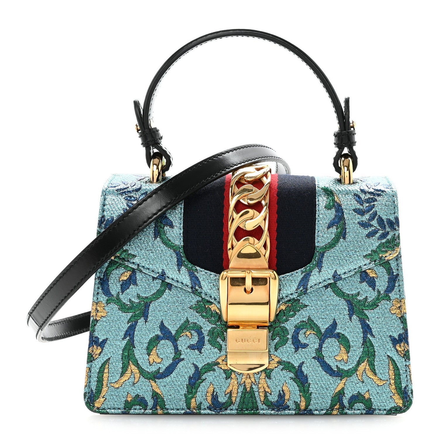 Gucci Iridescent Brocade Mini Sylvie Top Handle Bag Azure
