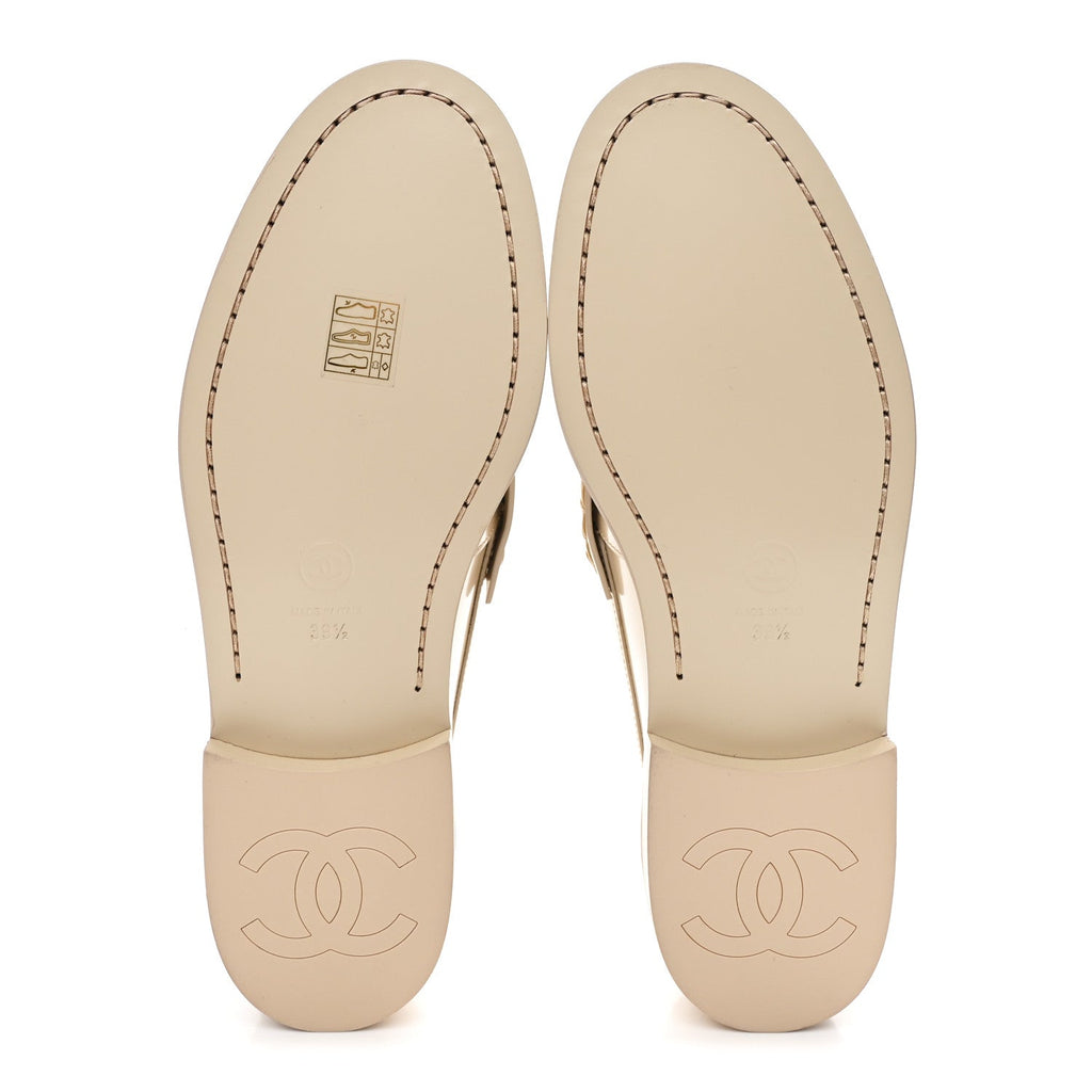 Chanel Shiny Calfskin Logo Loafers 39.5 Beige