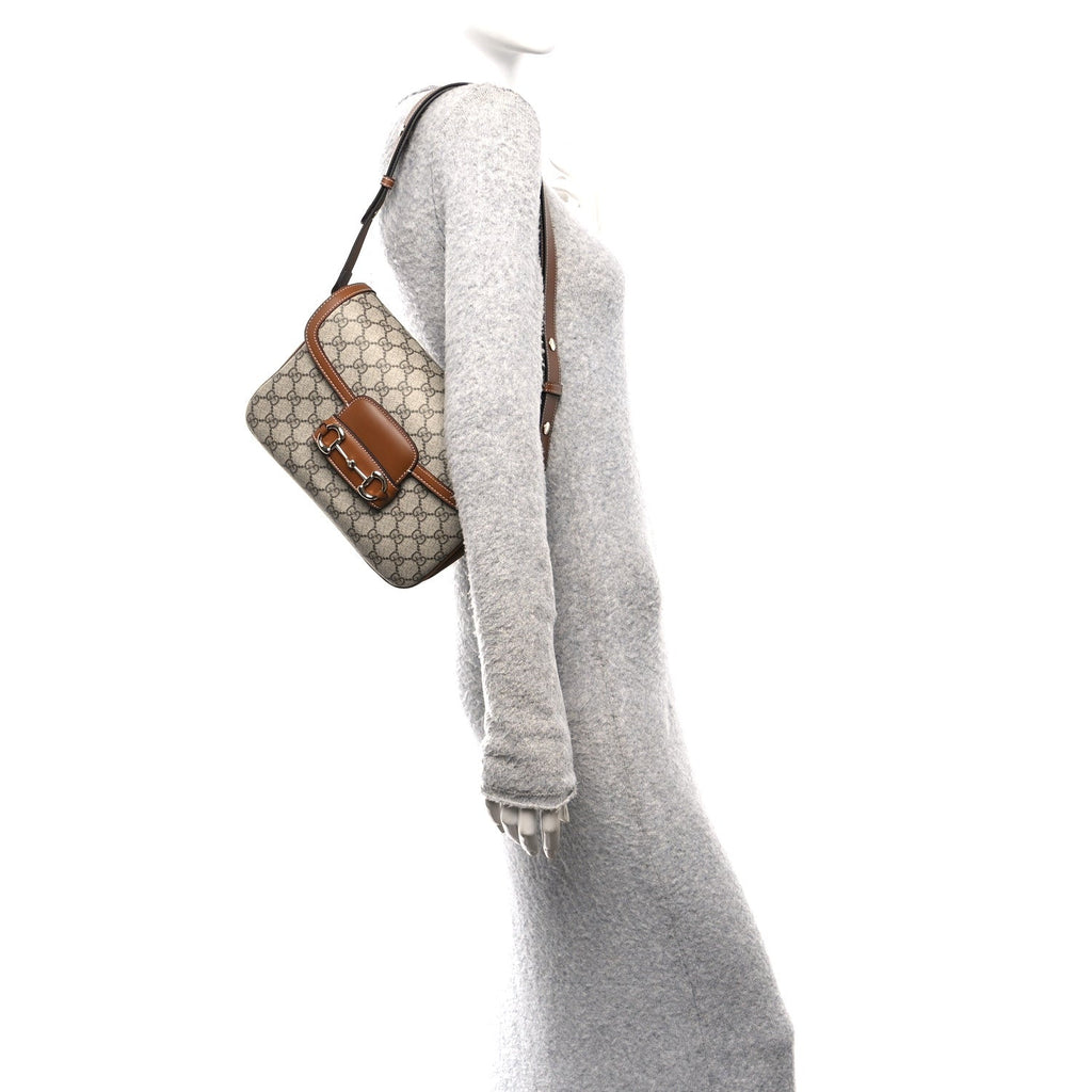 Gucci GG Supreme Monogram Horsebit 1955 Soft Small Shoulder Bag Beige Brown