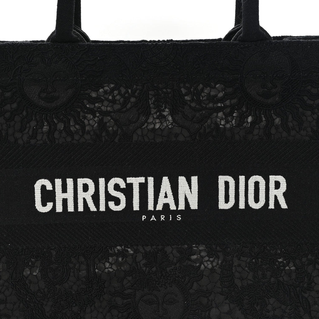 Christian Dior Canvas Embroidered Mesh Macrame Medium Toile de Jouy Soleil Book Tote Black