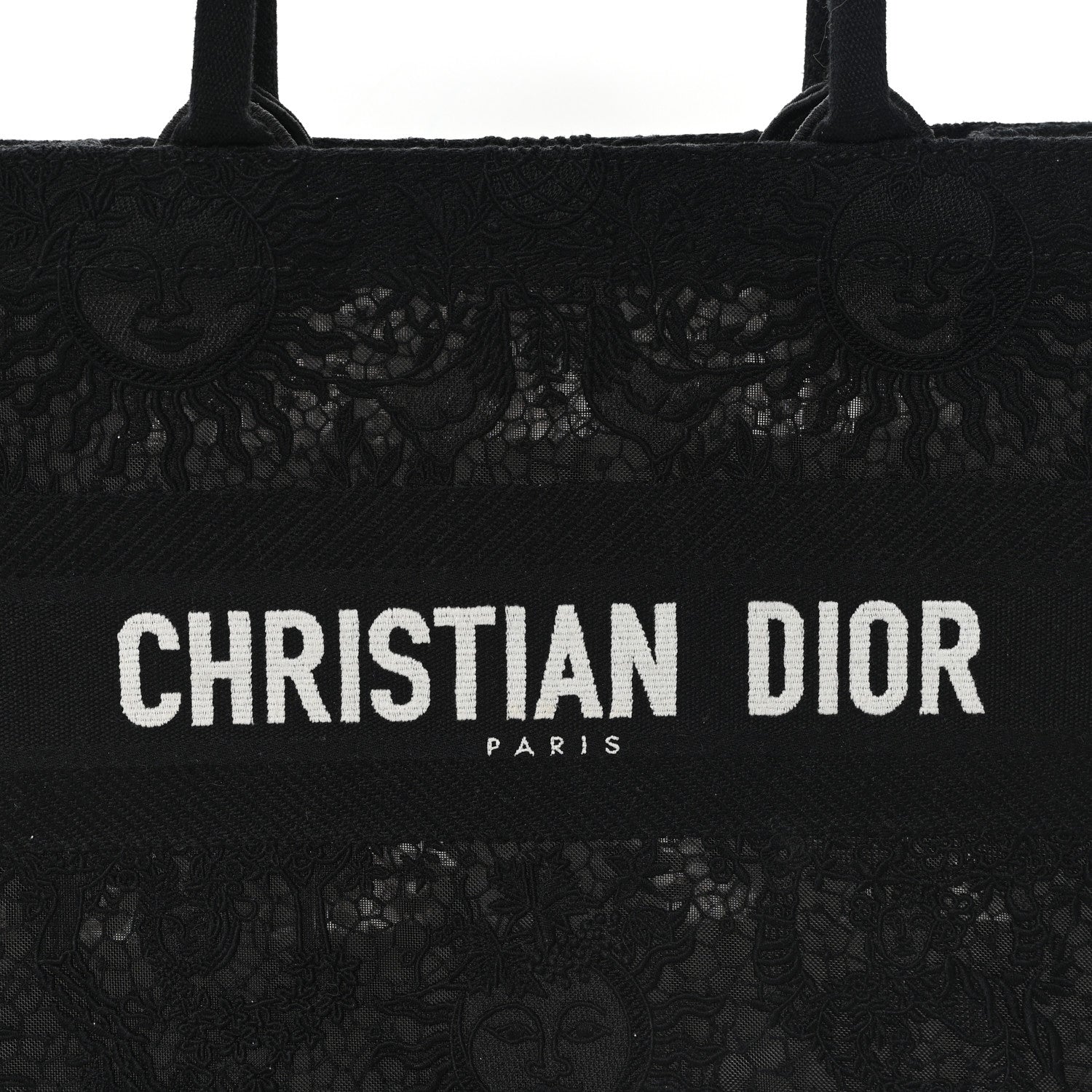 Christian Dior Canvas Embroidered Mesh Macrame Medium Toile de Jouy Soleil Book Tote Black