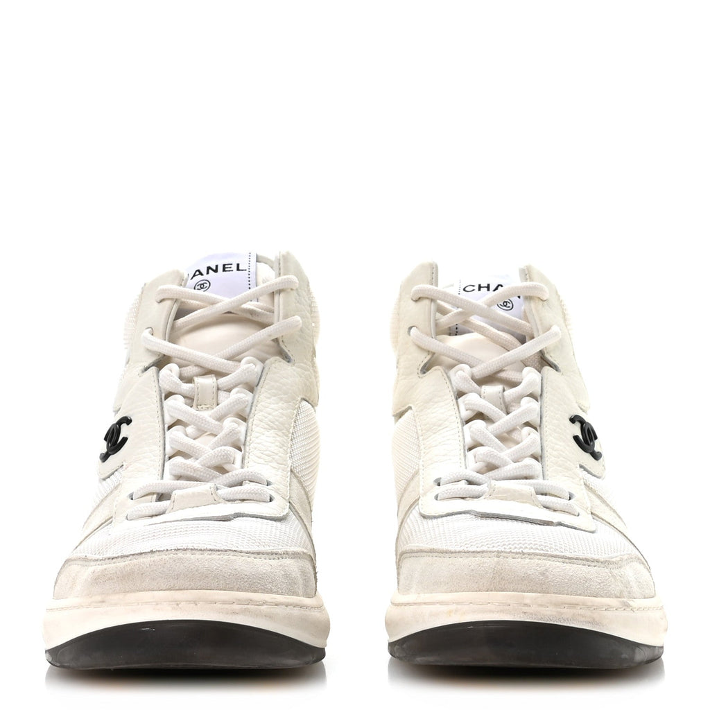 Chanel Suede Fabric Grained Calfskin Womens CC High Top Sneakers 38 White