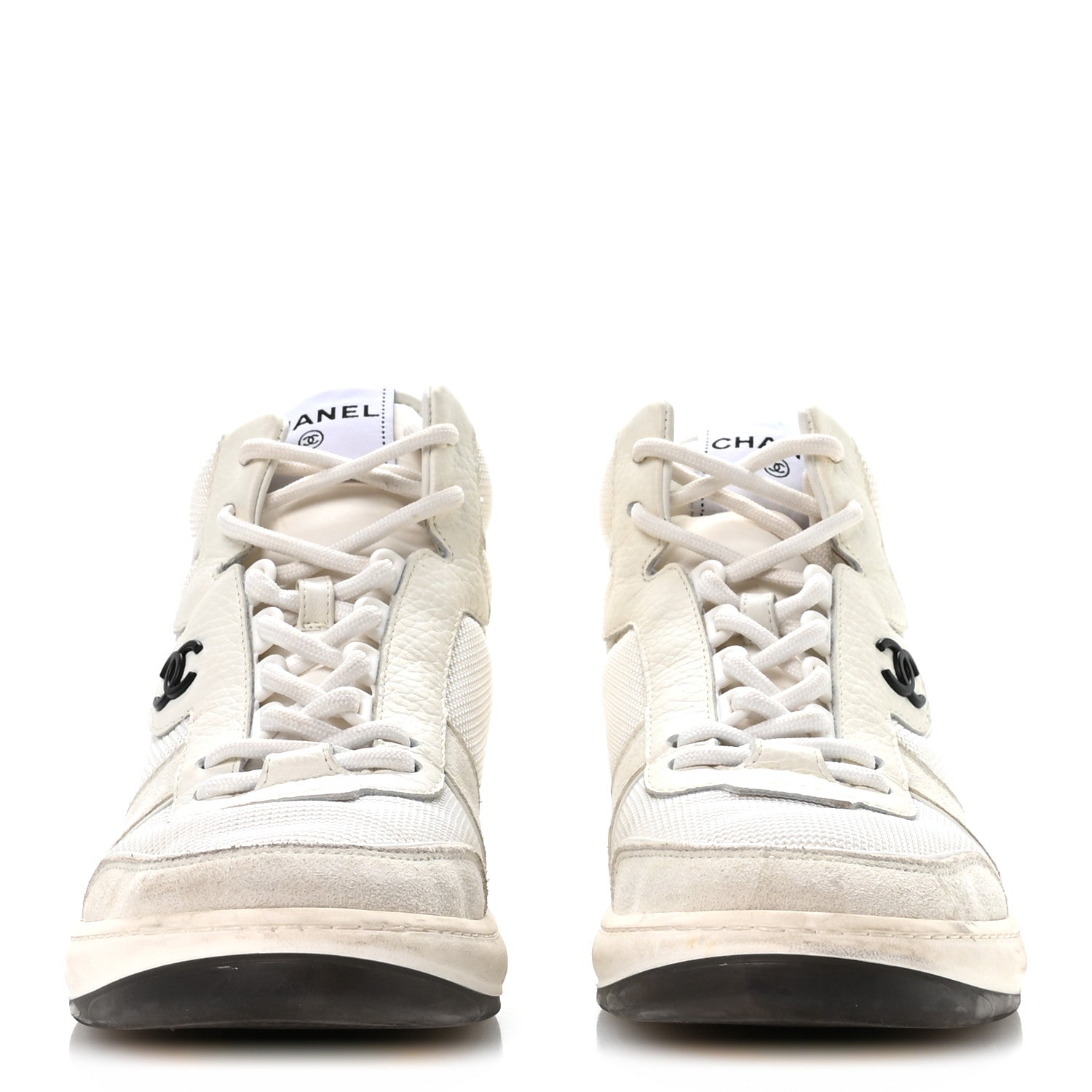 Chanel Suede Fabric Grained Calfskin Womens CC High Top Sneakers 38 White