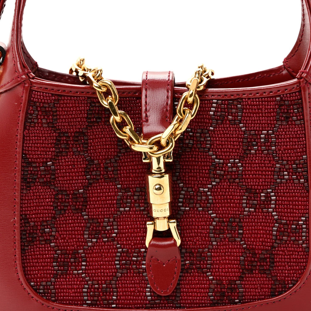 Gucci Calfskin Beaded Embroidery GG Monogram Mini Jackie 1961 Cherry Red