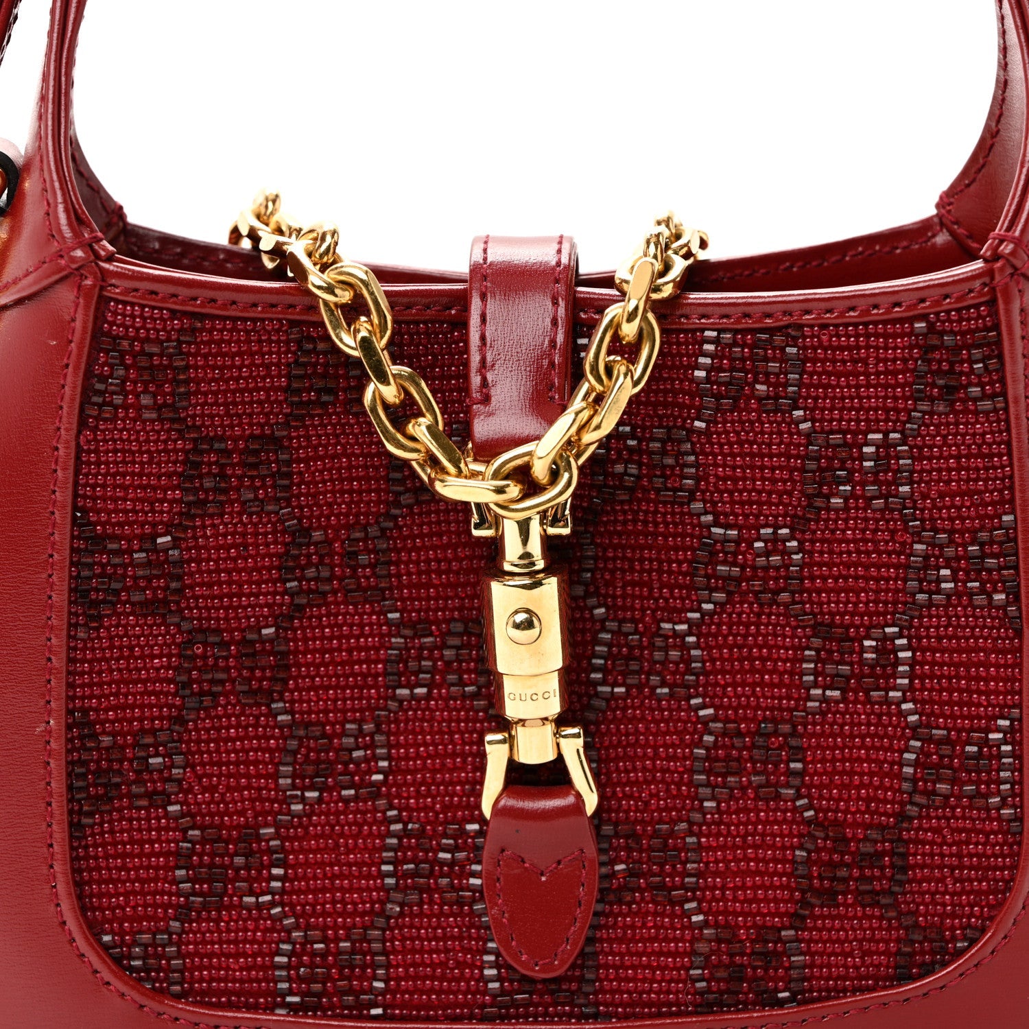 Gucci Calfskin Beaded Embroidery GG Monogram Mini Jackie 1961 Cherry Red